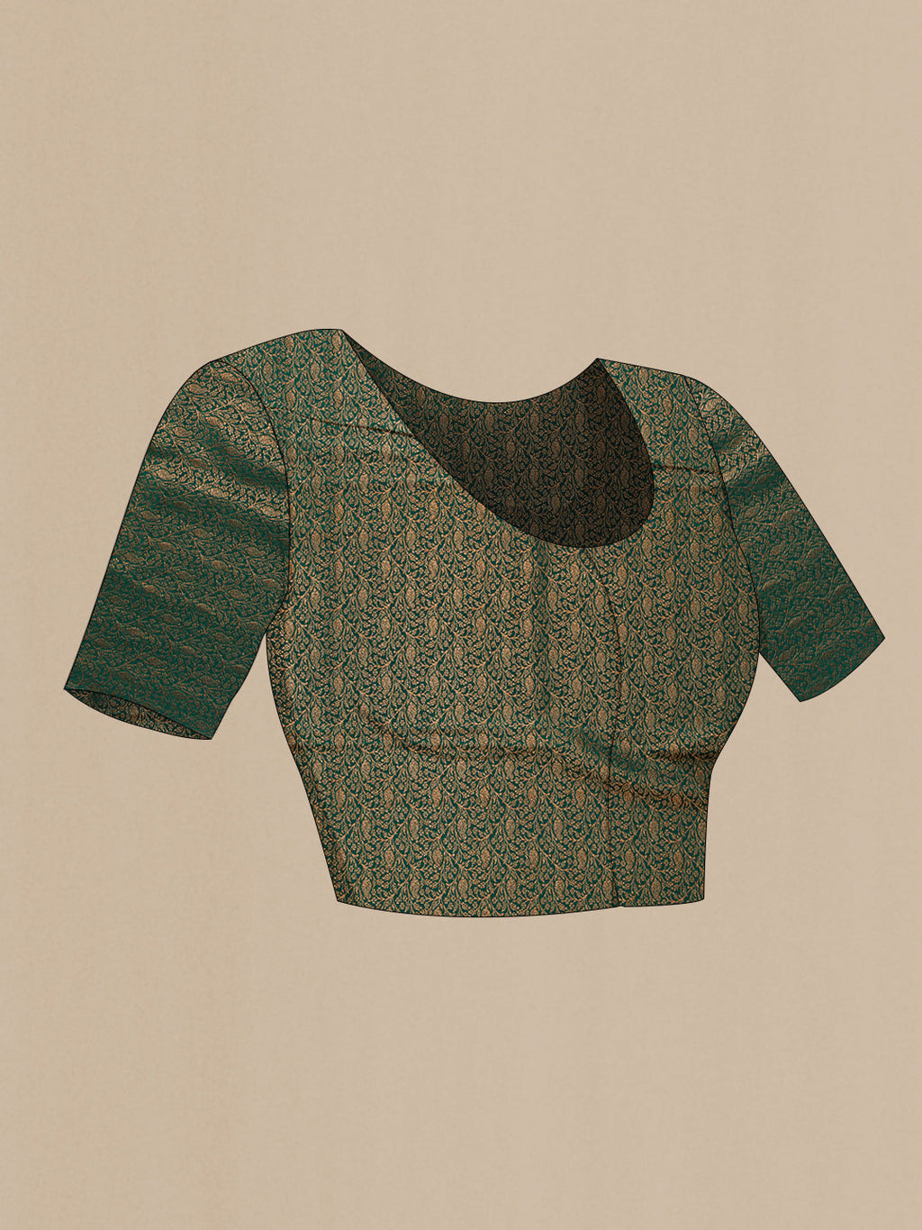 Close up image of the blouse of Bottle Green Dual Tone Mysore Crepe Saree with Zari Brocade on the body and Zari Border. 