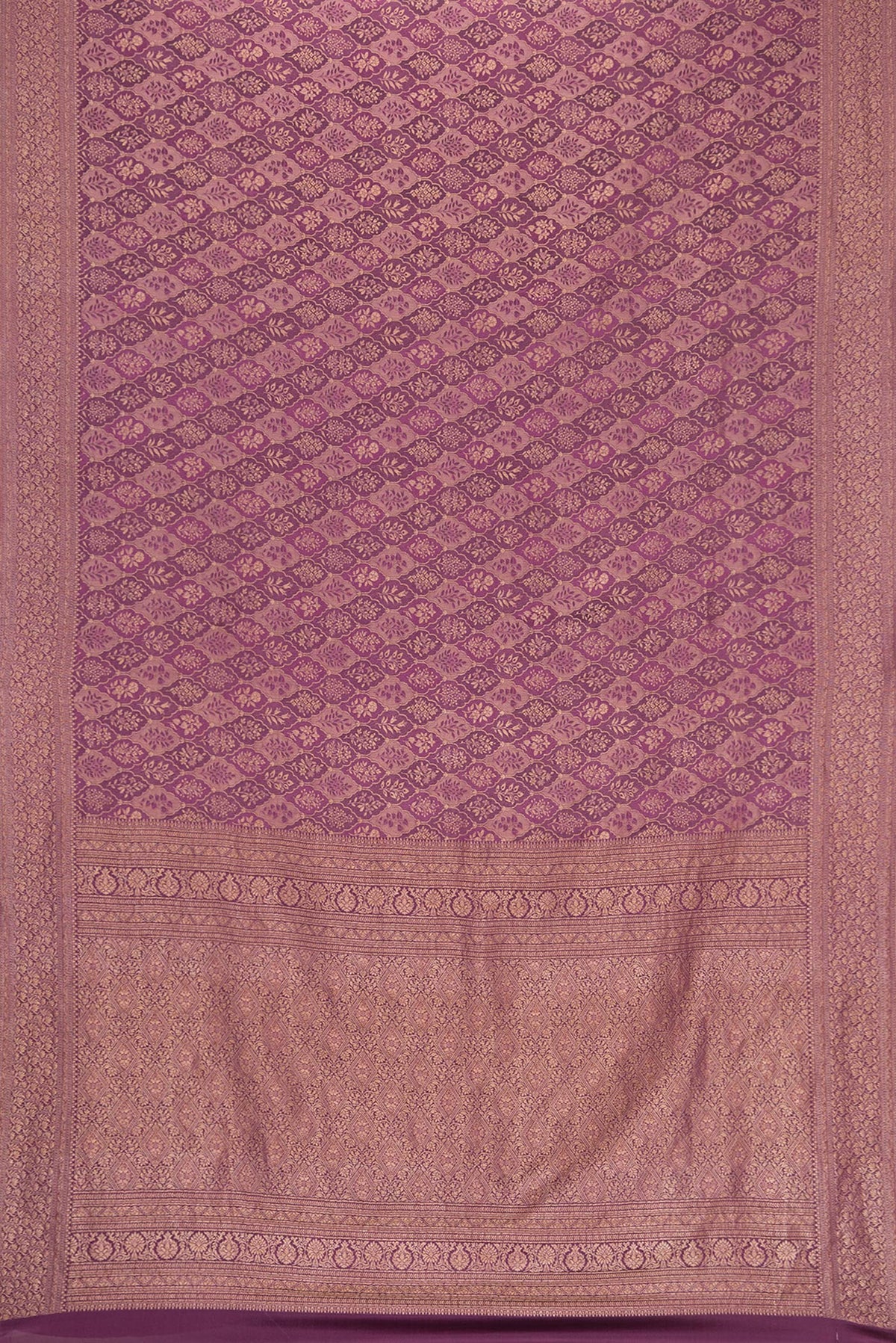 Flat view of Magenta Dual Tone Banarasi Georgette Saree with Zari Brocade on the body and Zari Border. 