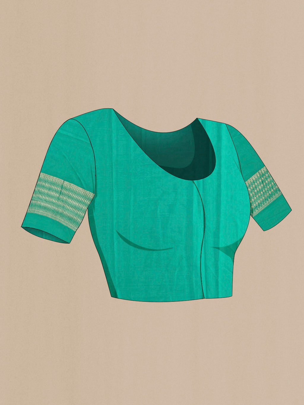 Close up image of the blouse of Teal Mysore Crepe Saree with Stripes on the body and Zari Border