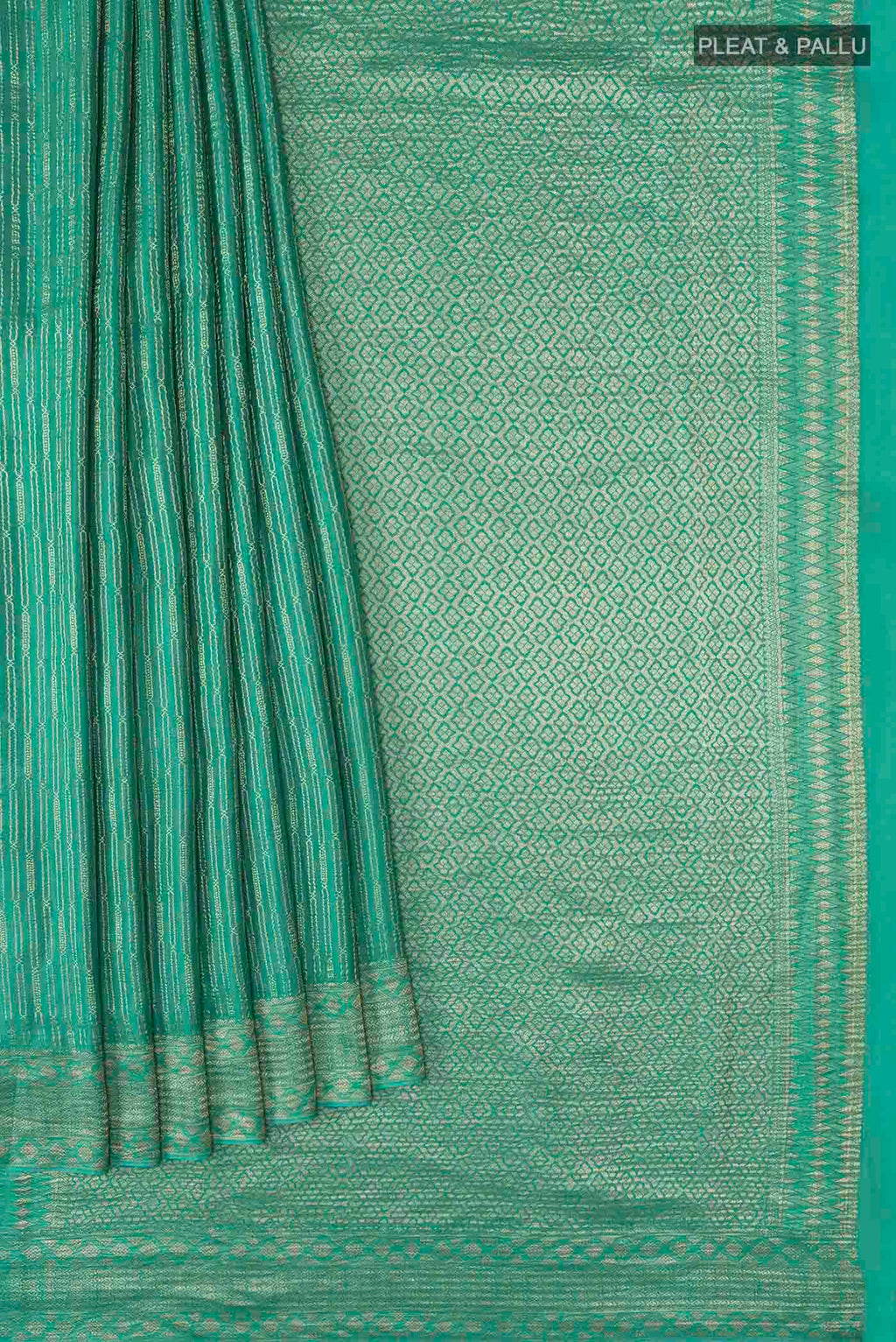 Pleats and pallu of Teal Mysore Crepe Saree with Stripes on the body and Zari Border