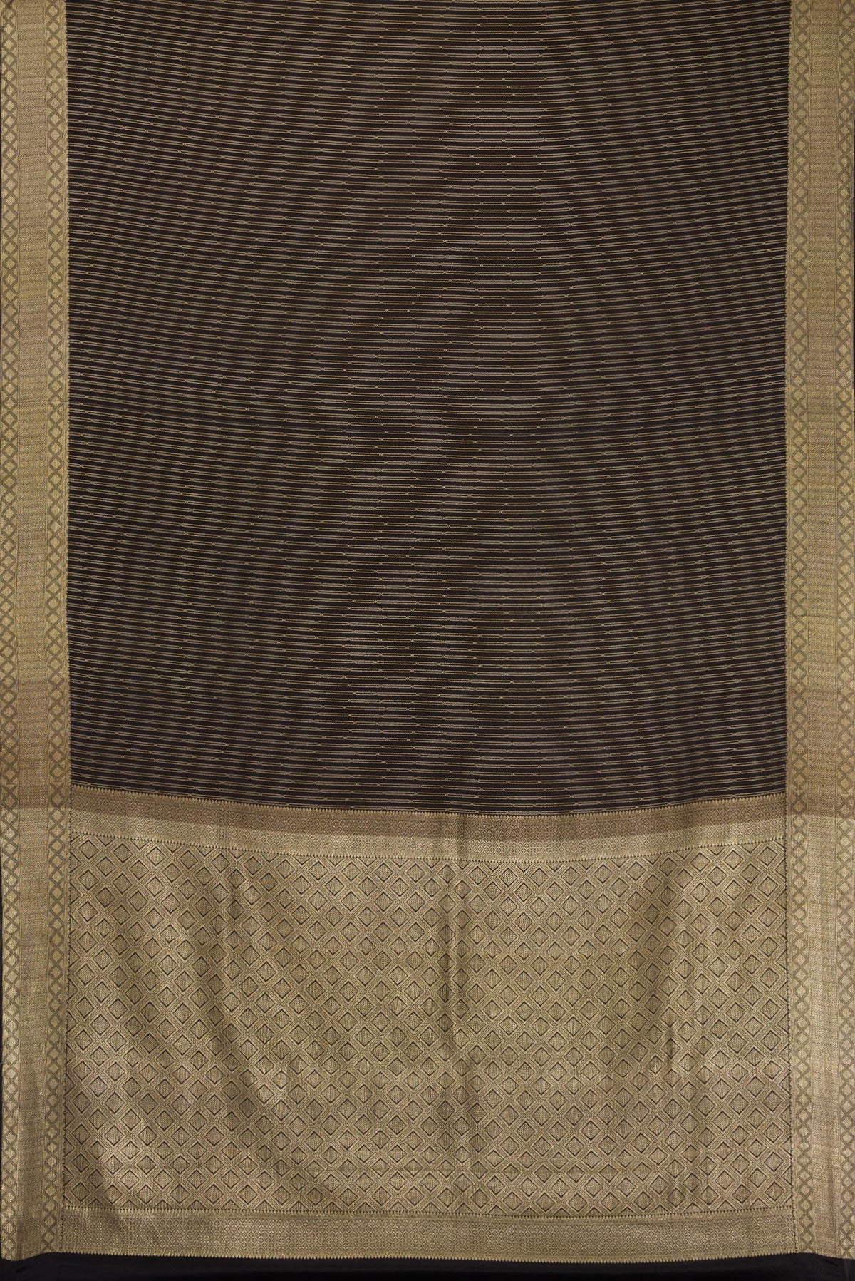 Flat view of Black Mysore Crepe Saree with Stripes on the body and Zari Border. 