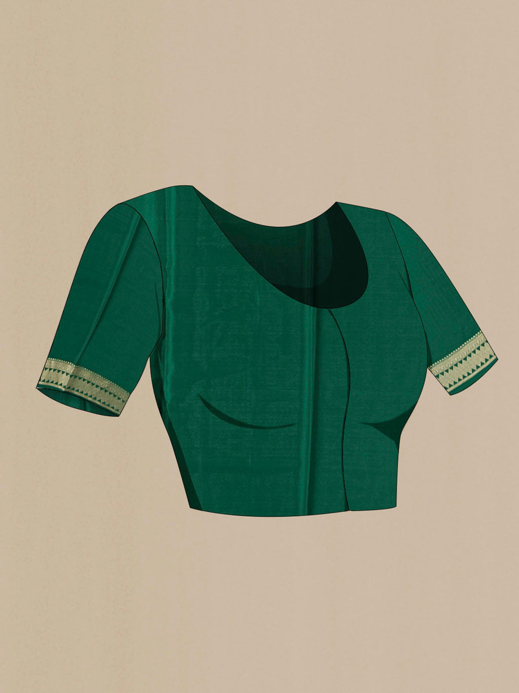 Close up image of the blouse of Green Mysore Crepe Saree with Zari Butta on the body and Zari Border