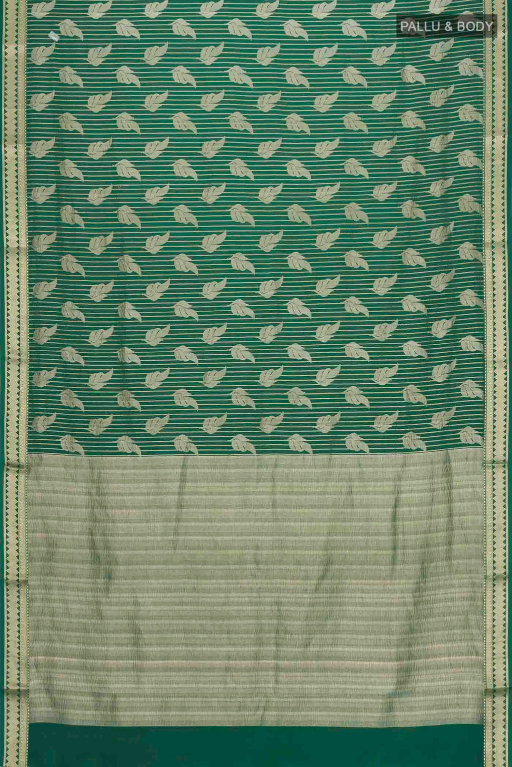 Flat view of Green Mysore Crepe Saree with Zari Butta on the body and Zari Border
