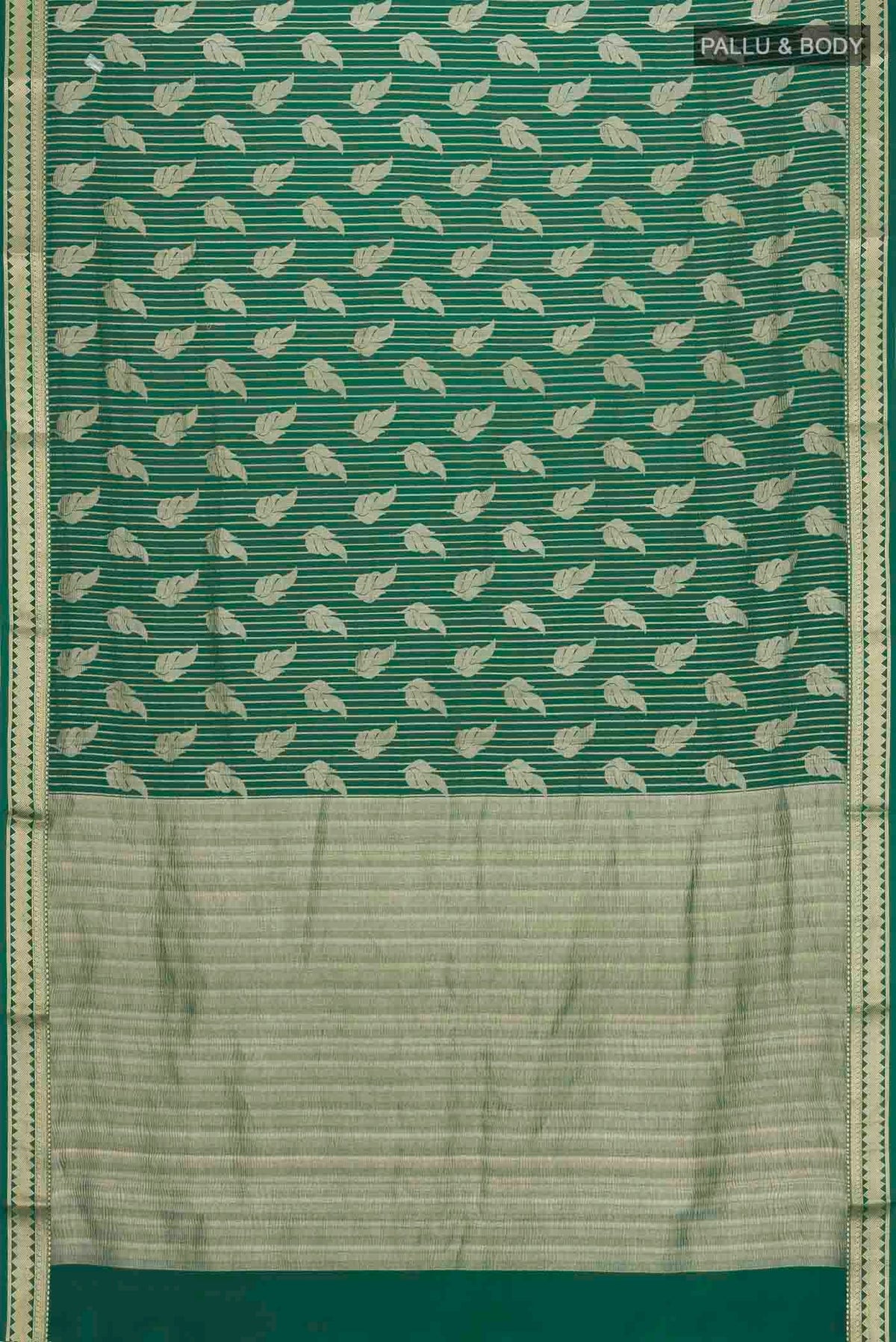 Flat view of Green Mysore Crepe Saree with Zari Butta on the body and Zari Border