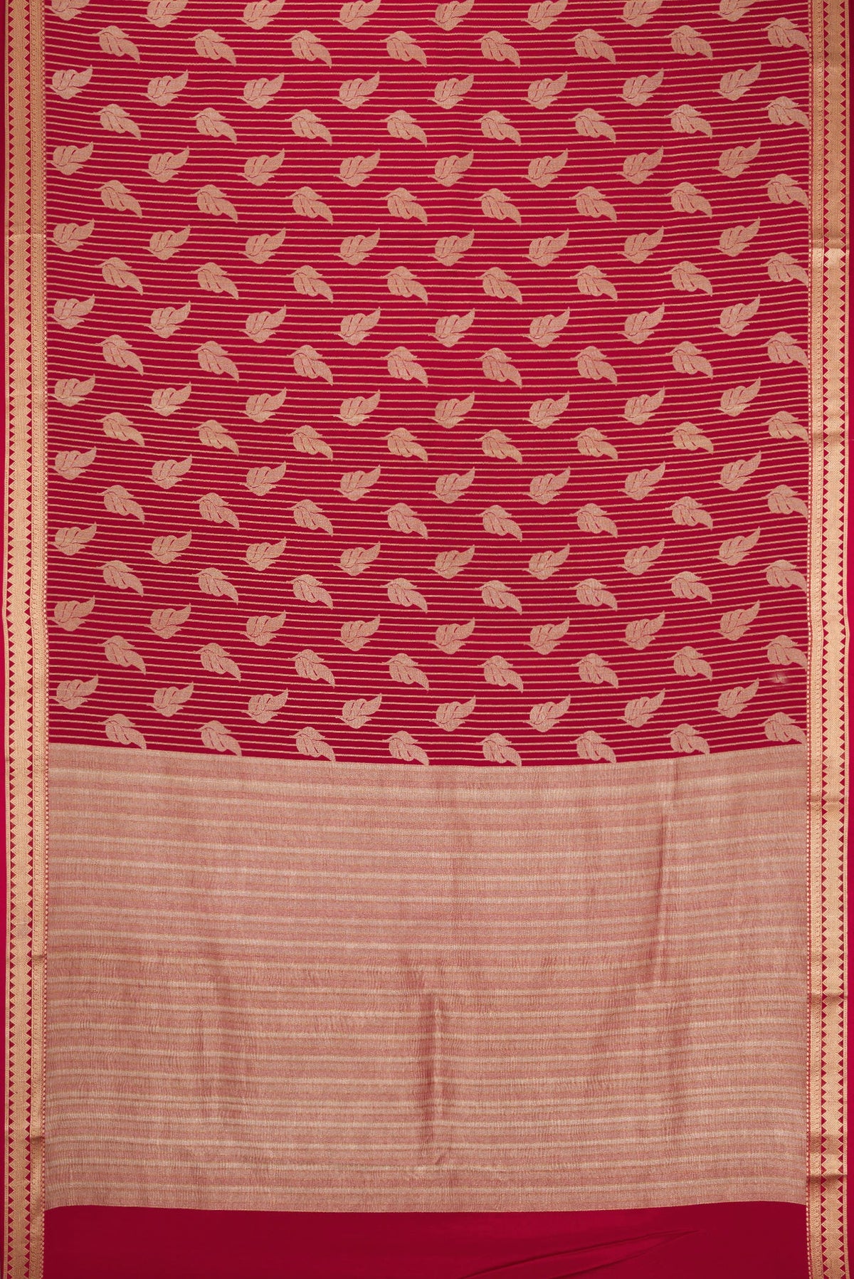 Flat view of Maroon Banarasi Georgette Saree with Zari Brocade on the body and Zari Border. 