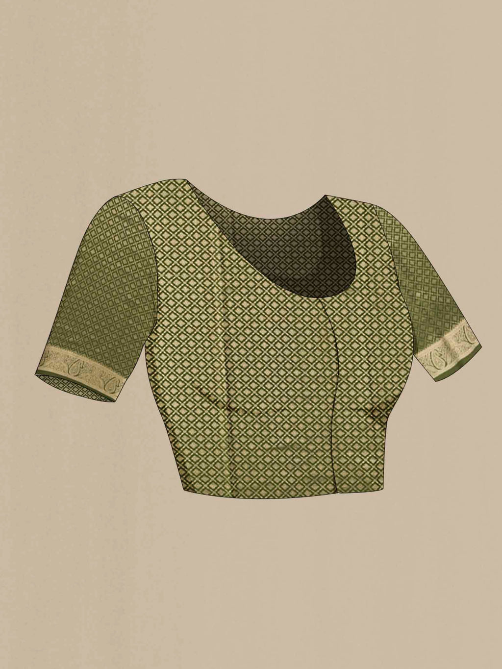 Close up image of the blouse of Green Mysore Crepe Saree with Zari Butta on the body and Zari Border