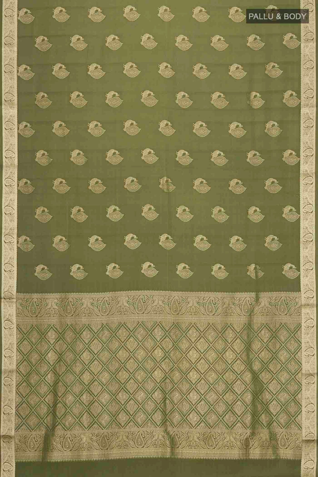 Flat view of Green Mysore Crepe Saree with Zari Butta on the body and Zari Border
