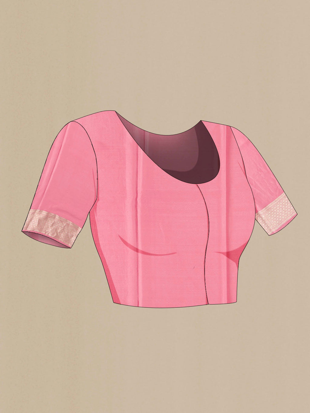 Close up image of the blouse of Pink Mysore Crepe Saree with Jacquard With Zari Butta on the body and Zari Border