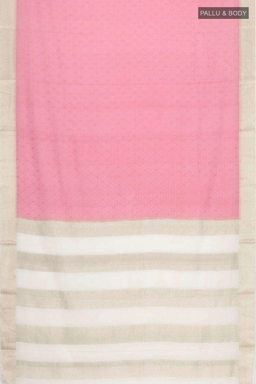 Flat view of Pink Mysore Crepe Saree with Jacquard With Zari Butta on the body and Zari Border