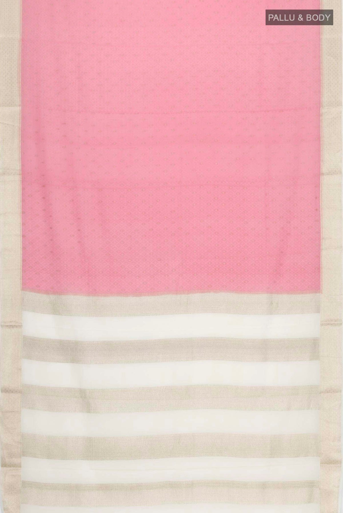 Flat view of Pink Mysore Crepe Saree with Jacquard With Zari Butta on the body and Zari Border