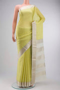 Yellow Mysore Crepe Saree with Zari Butta on the body and Zari Border displayed on a mannequin