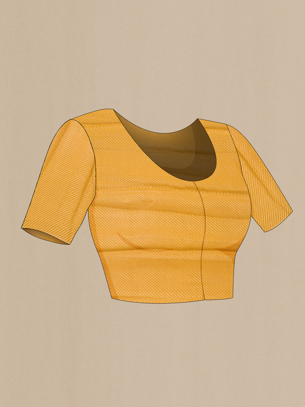 Close up image of the blouse of Mustard Mysore Chiffon Saree with Zari Butta on the body and Thread Border. 