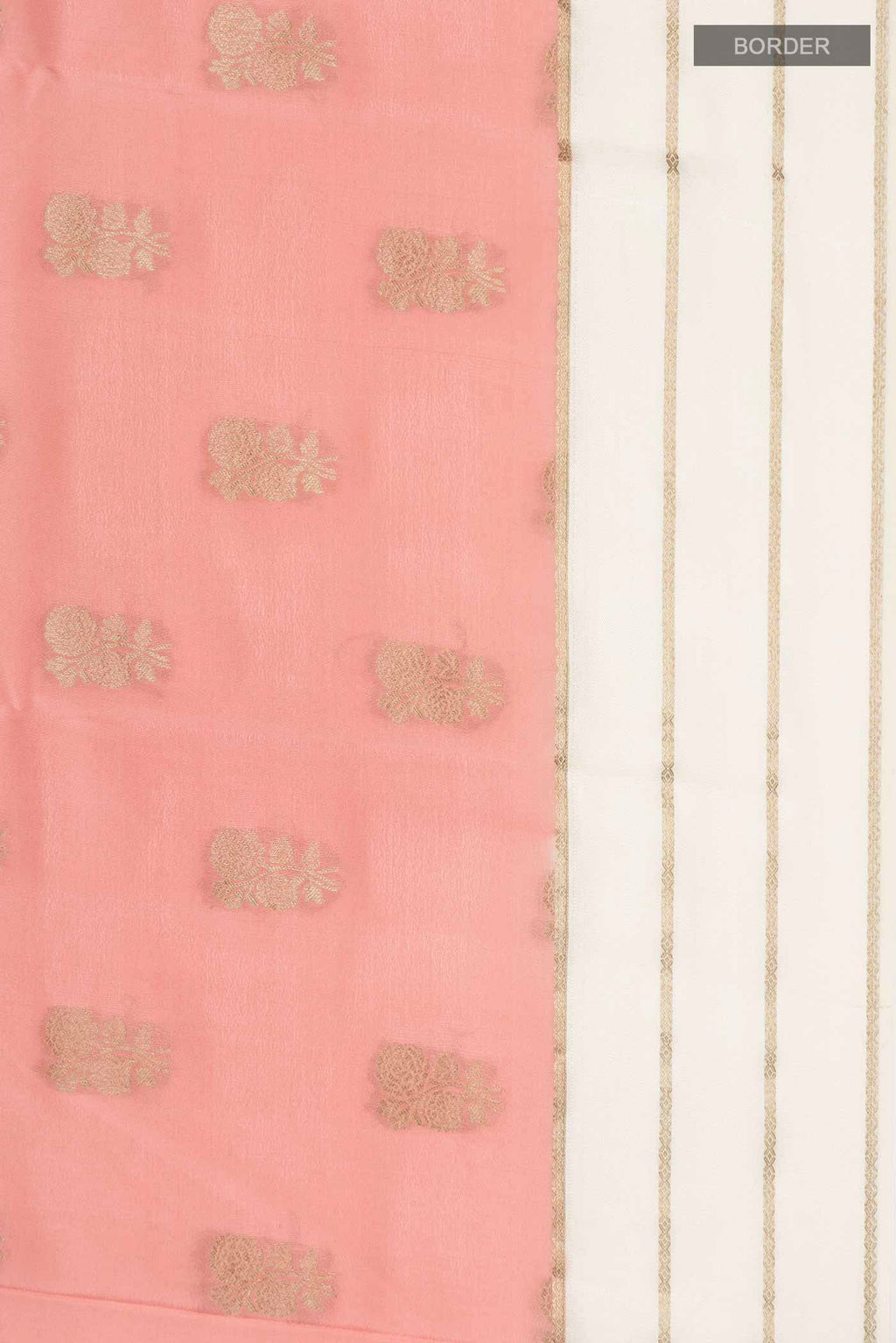 Border image of Peach Mysore Crepe Saree with Zari Butta on the body and Zari Border