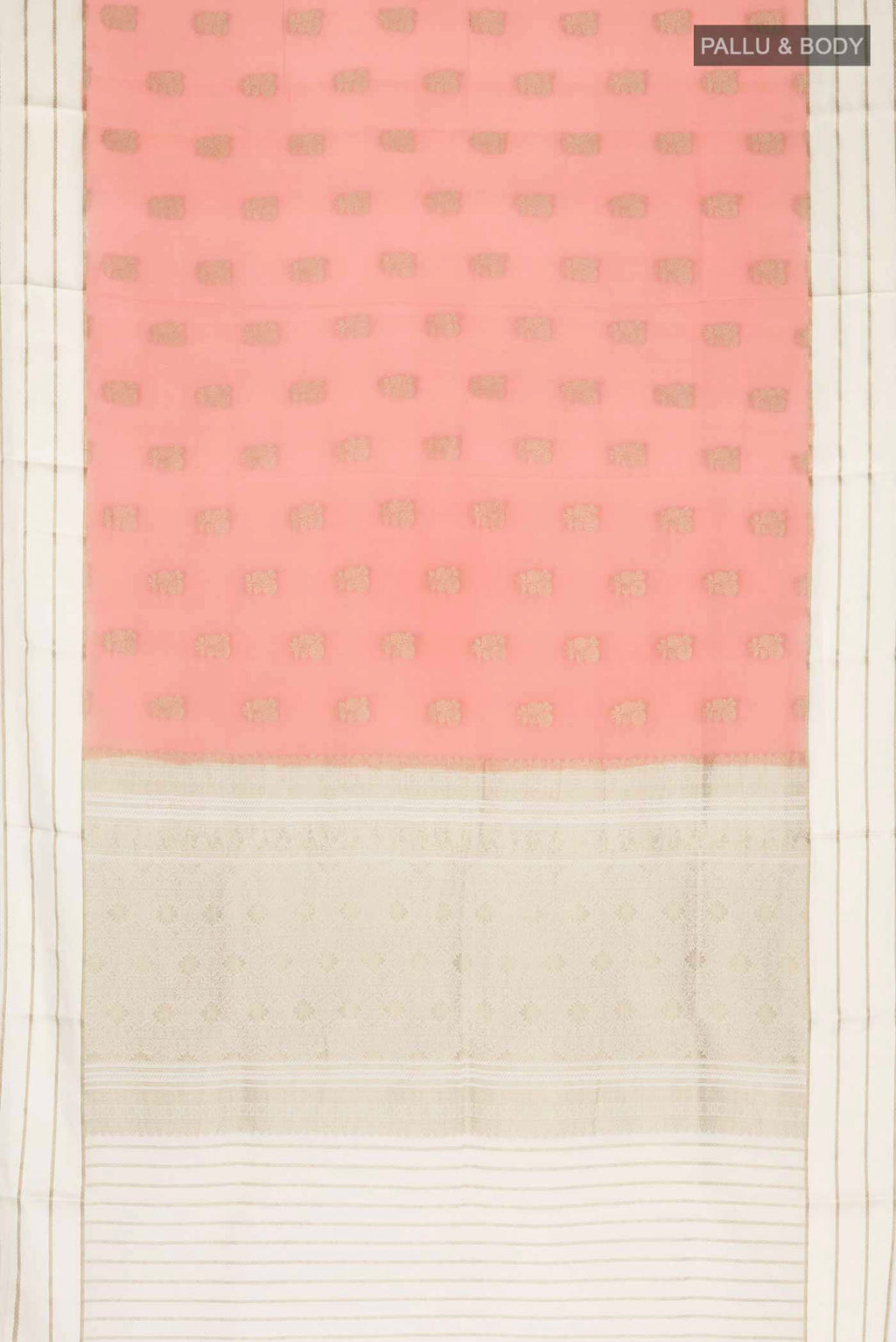 Flat view of Peach Mysore Crepe Saree with Zari Butta on the body and Zari Border
