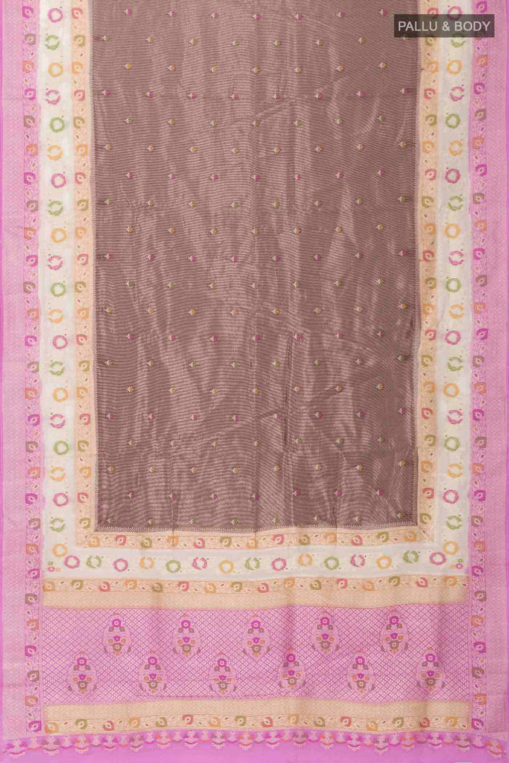 Flat view of Brown Banarasi Silk Saree with Zari Butta on the body and Zari Border