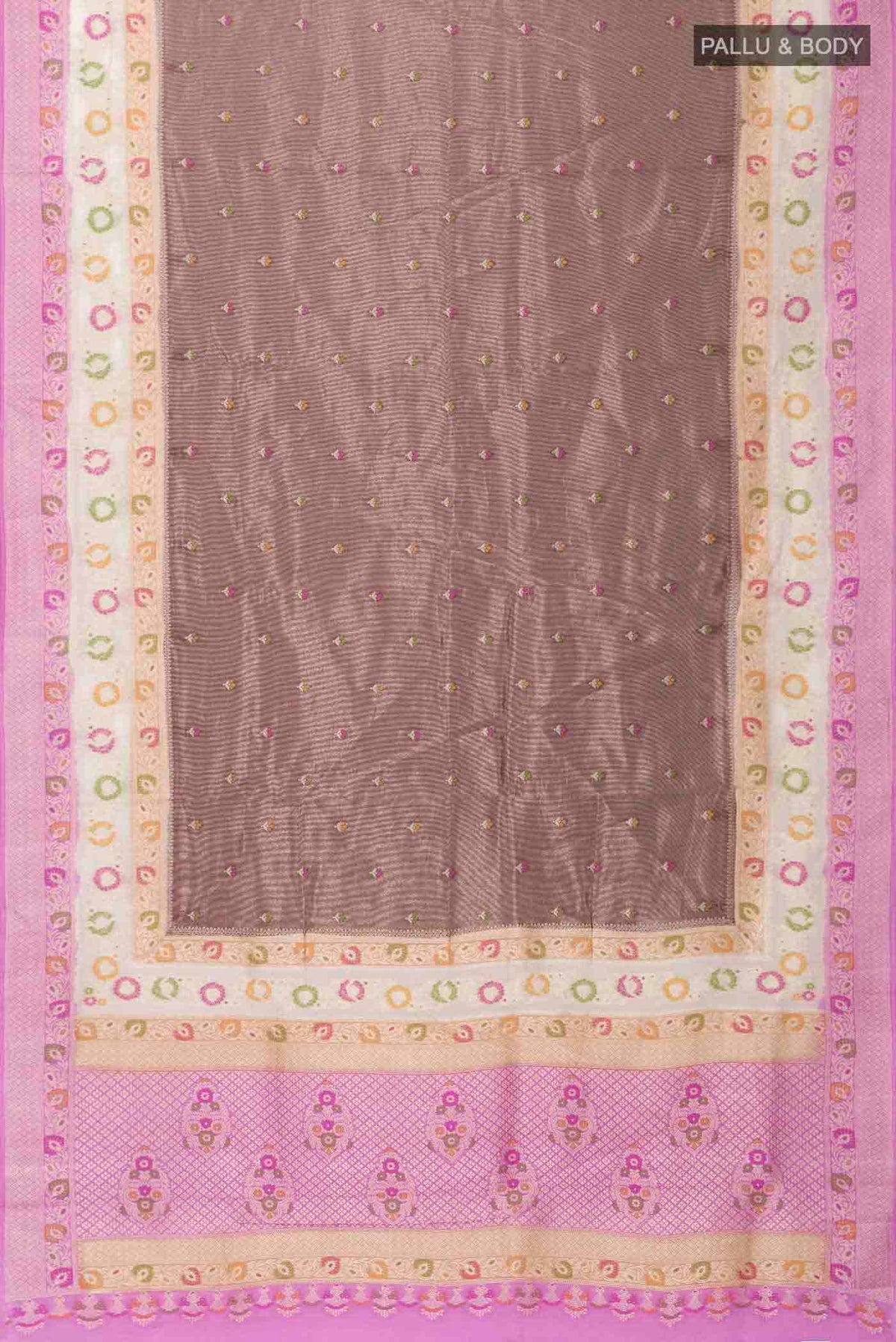 Flat view of Brown Banarasi Silk Saree with Zari Butta on the body and Zari Border