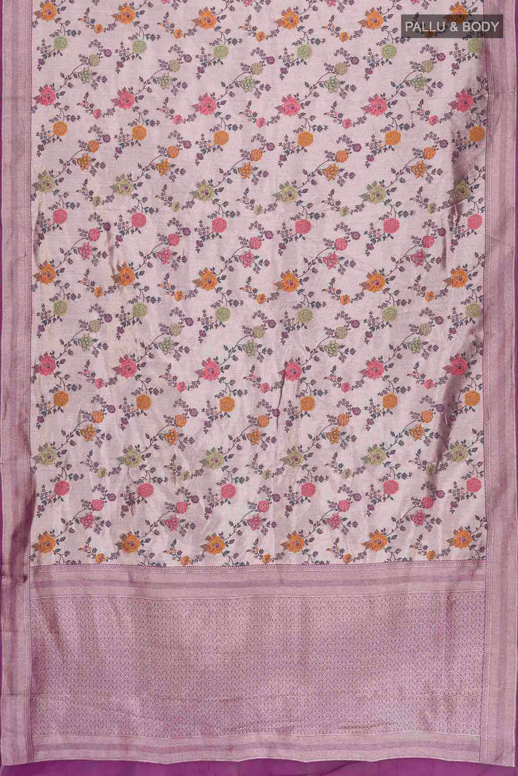 Flat view of Purple Tissue Silk Saree with Zari Brocade on the body and Zari Border