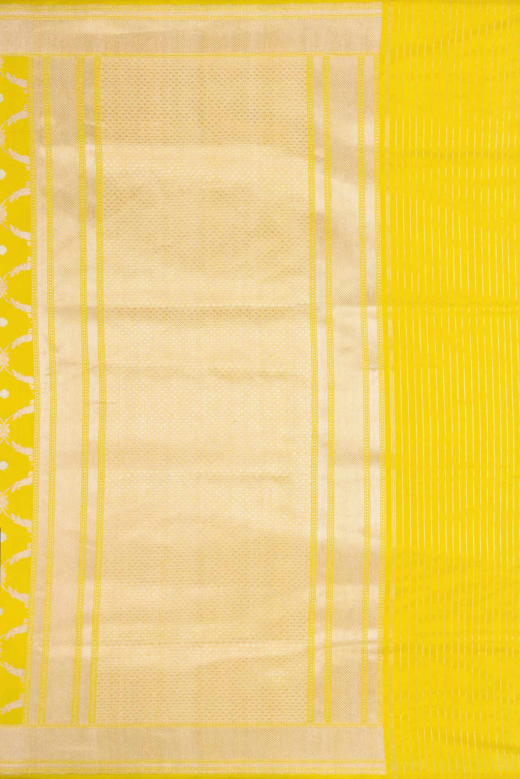 Close up image of the pallu of Yellow Dual Tone Banarasi Silk Saree with Zari Brocade on the body and Zari Border