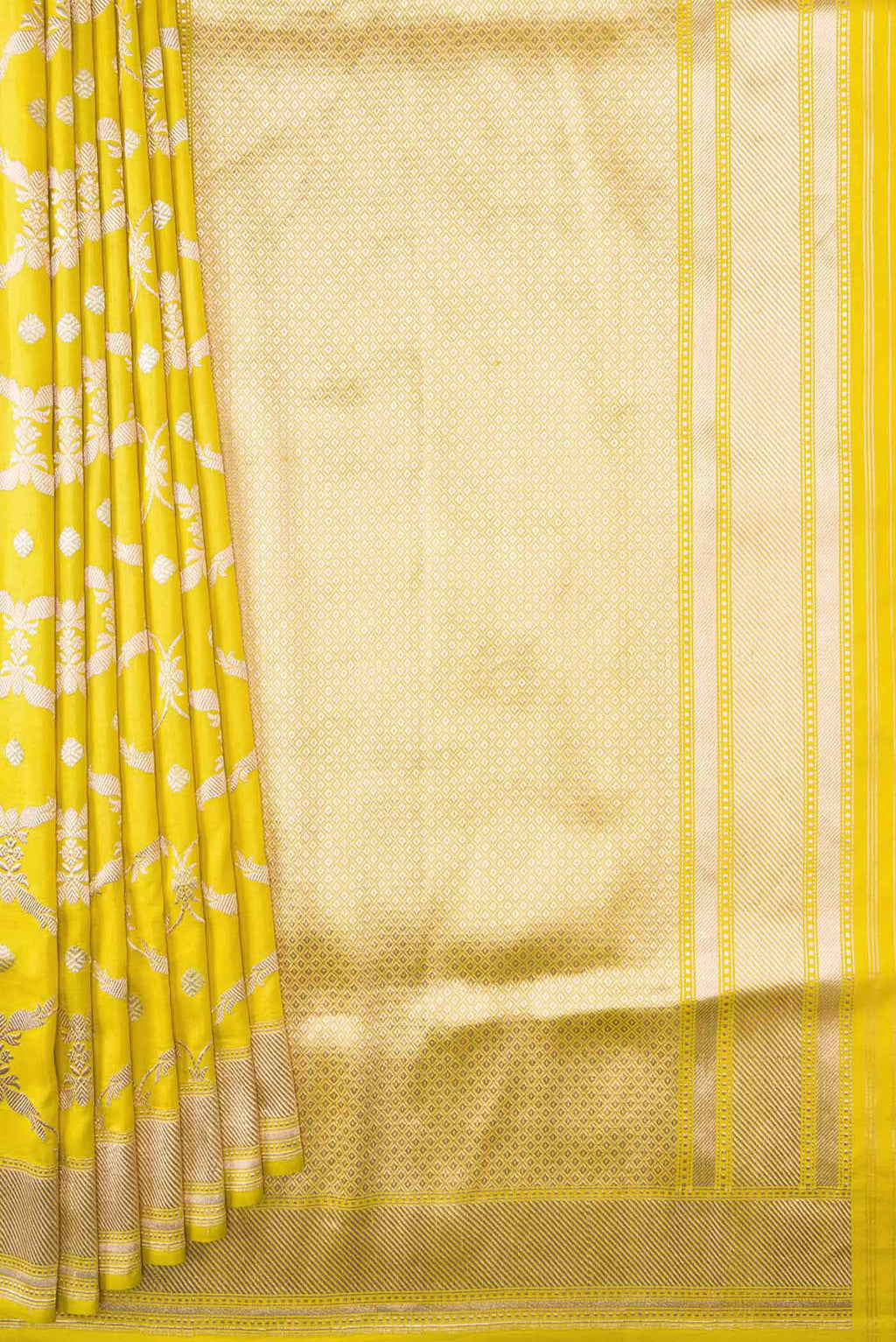 Pleats and pallu of Yellow Dual Tone Banarasi Silk Saree with Zari Brocade on the body and Zari Border