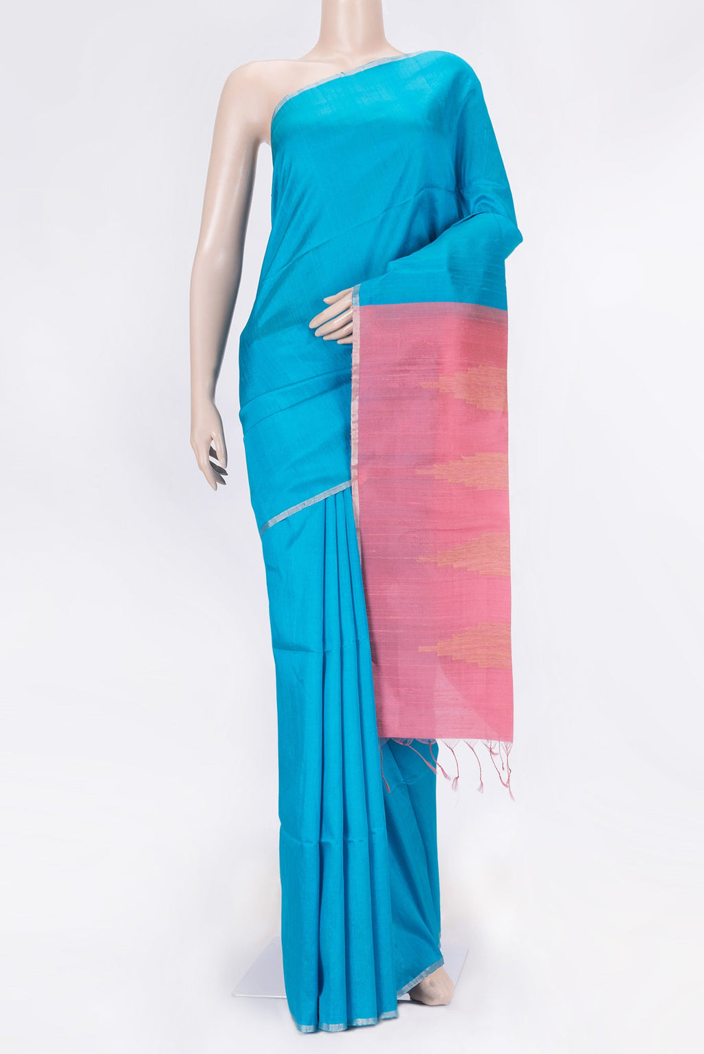 Sky Blue Dual Tone Raw Silk Saree with Plain Body and Zari Border displayed on a mannequin