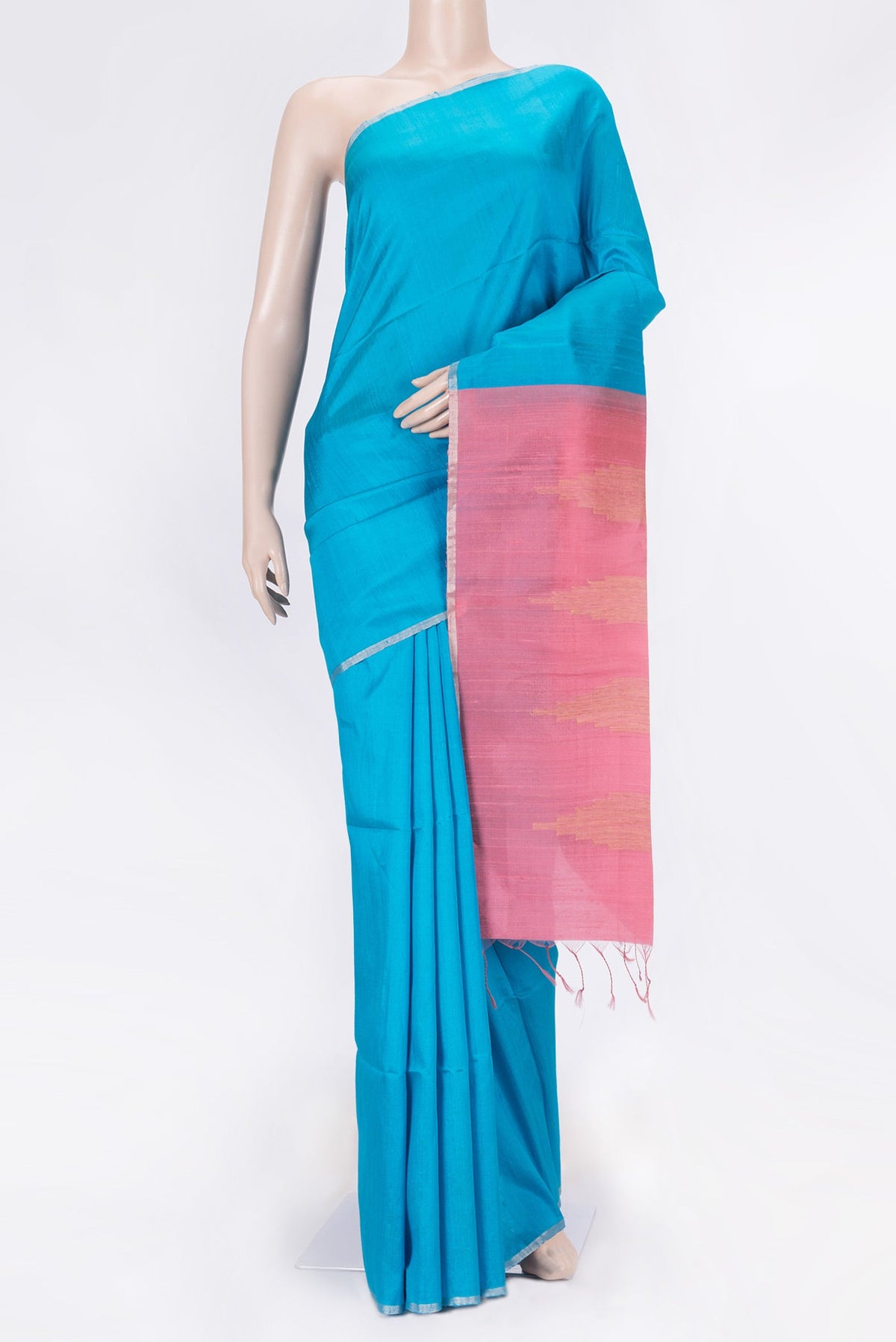 Sky Blue Dual Tone Raw Silk Saree with Plain Body and Zari Border displayed on a mannequin