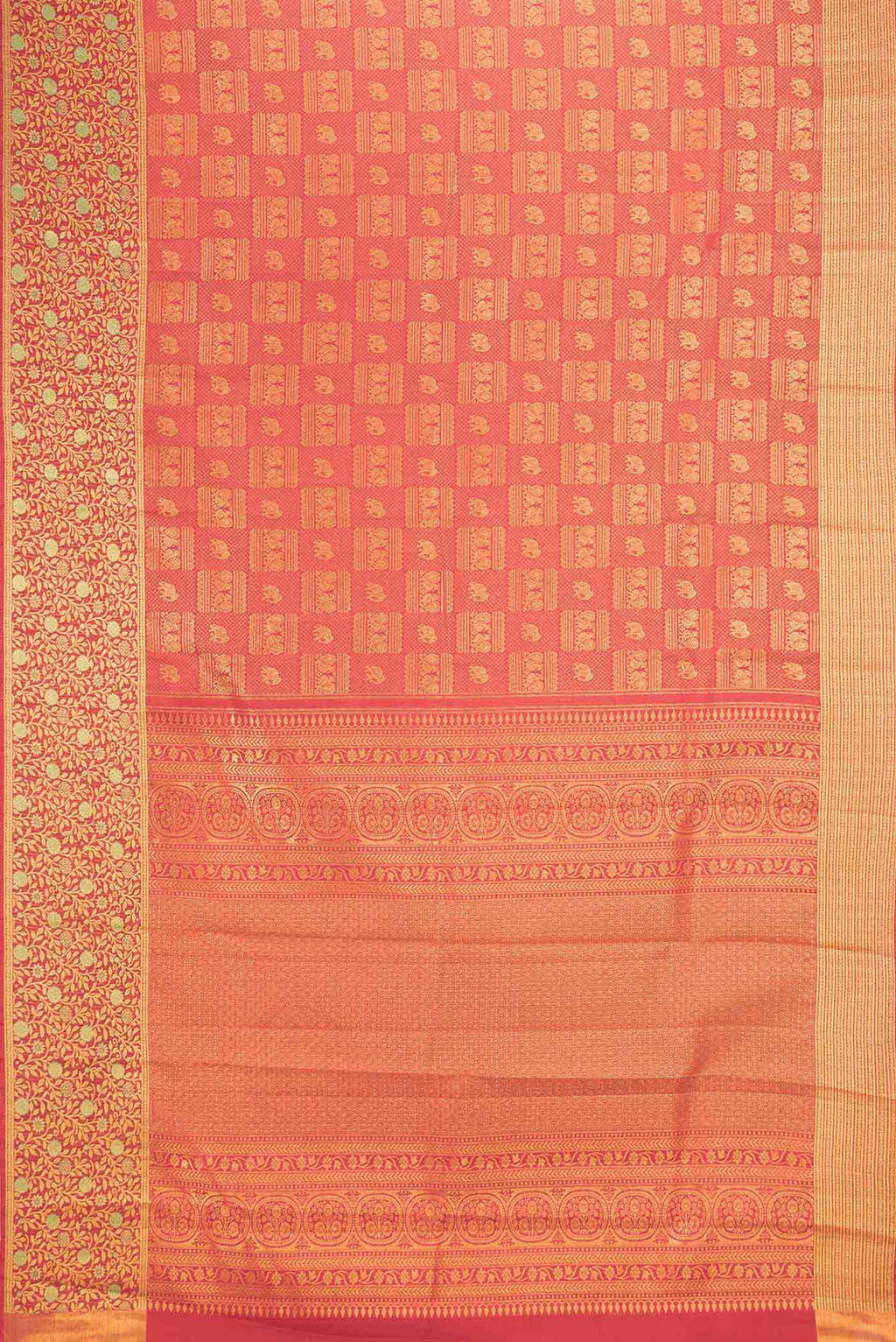 Flat view of Red Dual Tone Kanchipuram Saree with Zari Brocade on the body and Zari Border