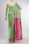Green Kanchipuram Silk Saree with Checked design on the body and Zari Border displayed on a mannequin