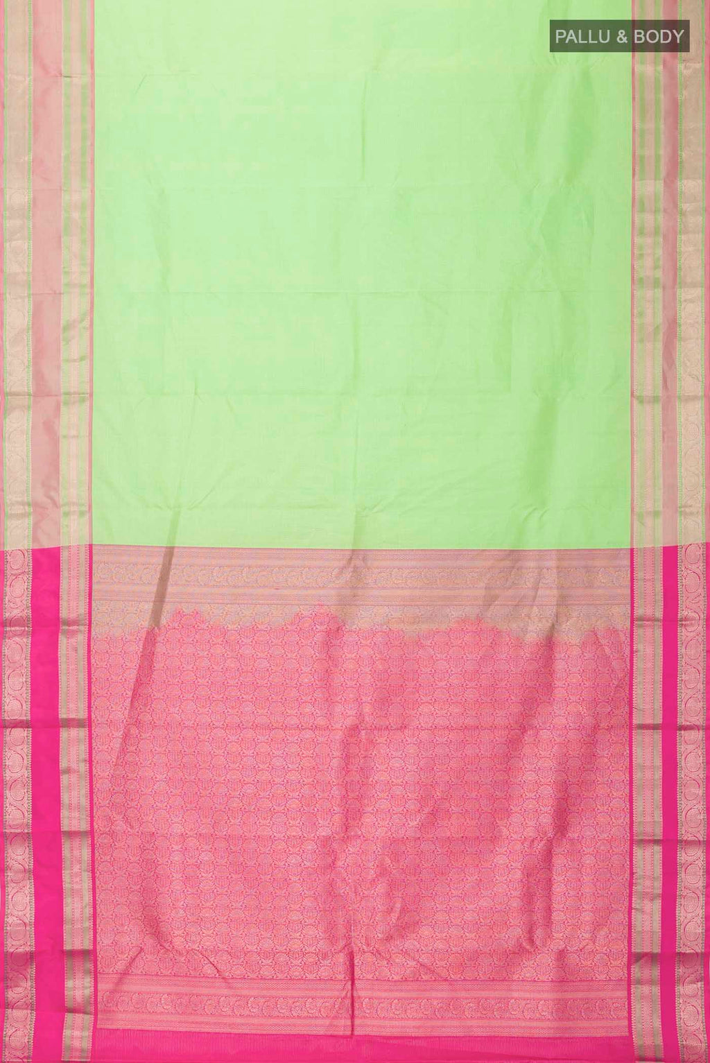 Flat view of Green Kanchipuram Silk Saree with Checked design on the body and Zari Border