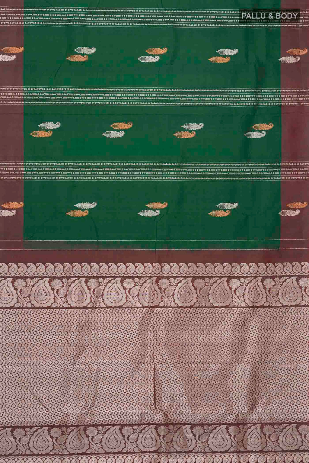 Flat view of Green Kanchipuram Silk Saree with Zari Butta on the body and Zari Border