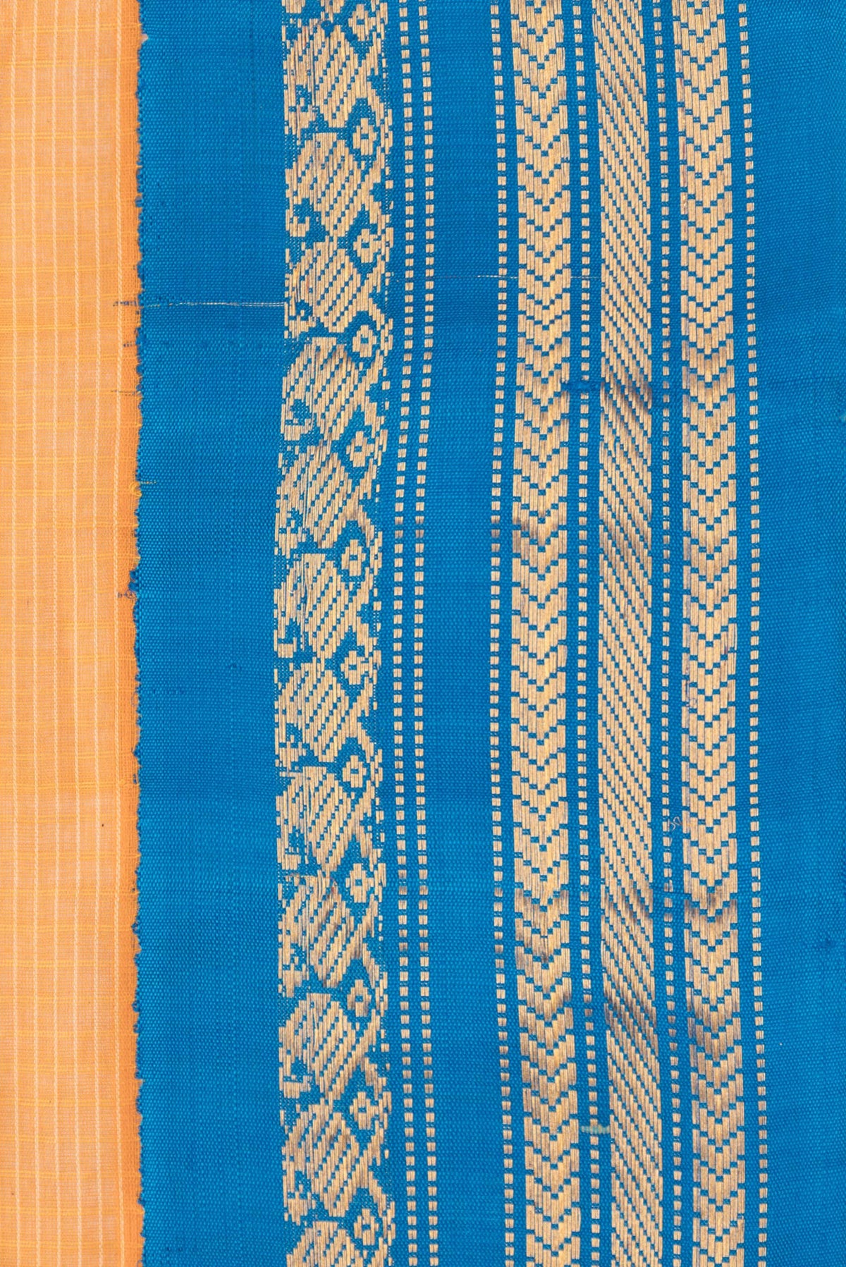Border image of Orange Dual Tone Gadwal Silk Saree with Checked design on the body and Zari Border. 