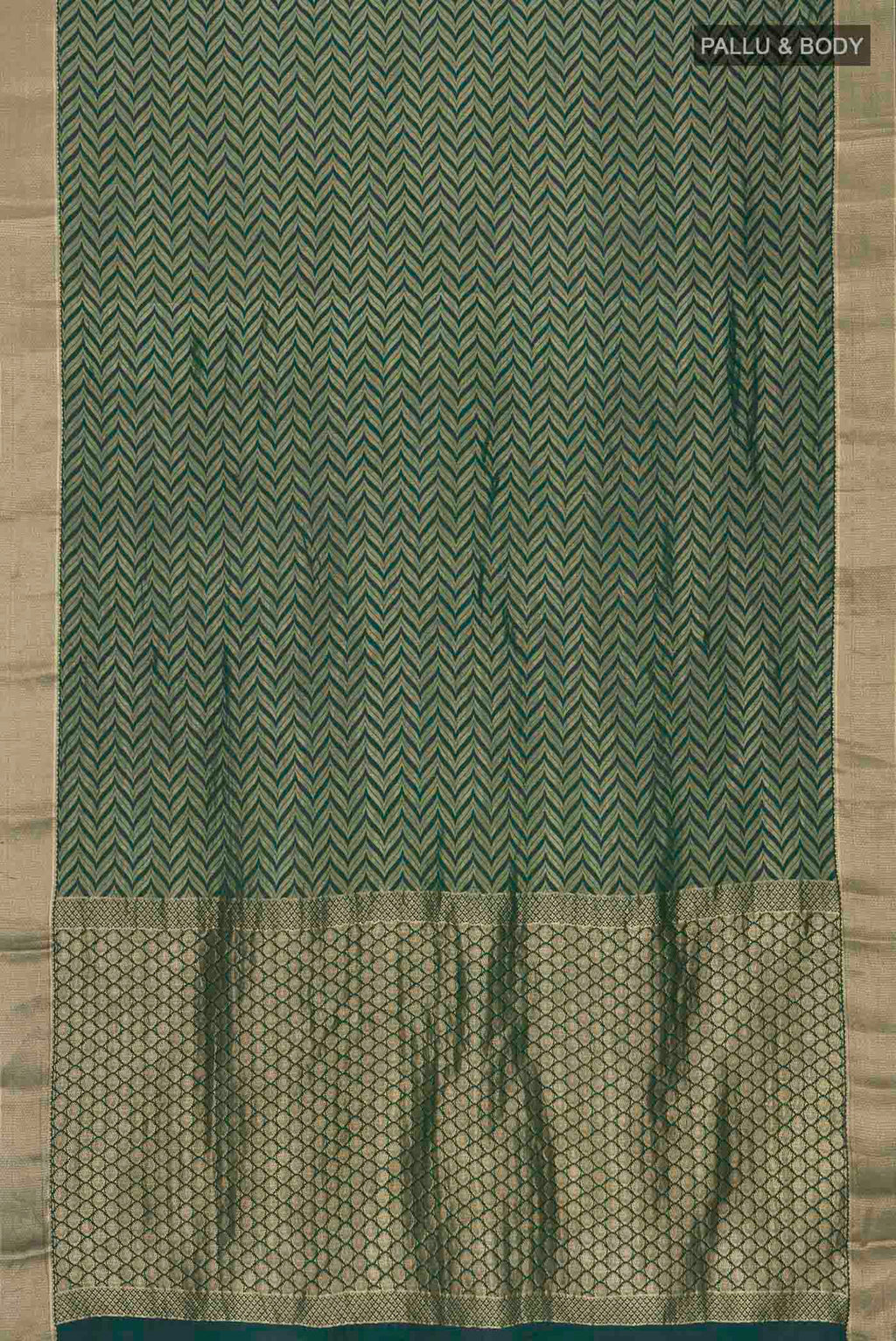 Flat view of Green Mysore Crepe Saree with Zari Brocade on the body and Zari Border