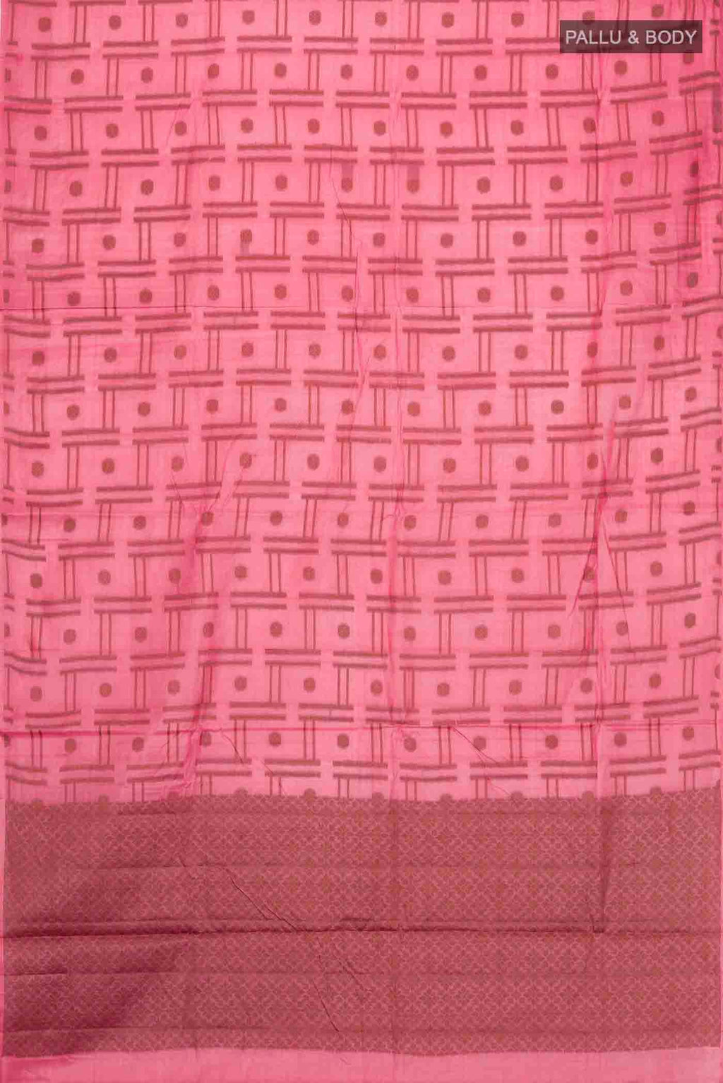 Flat view of Coral Banarasi Tussar Silk Saree with Thread Butta on the body and Without Border