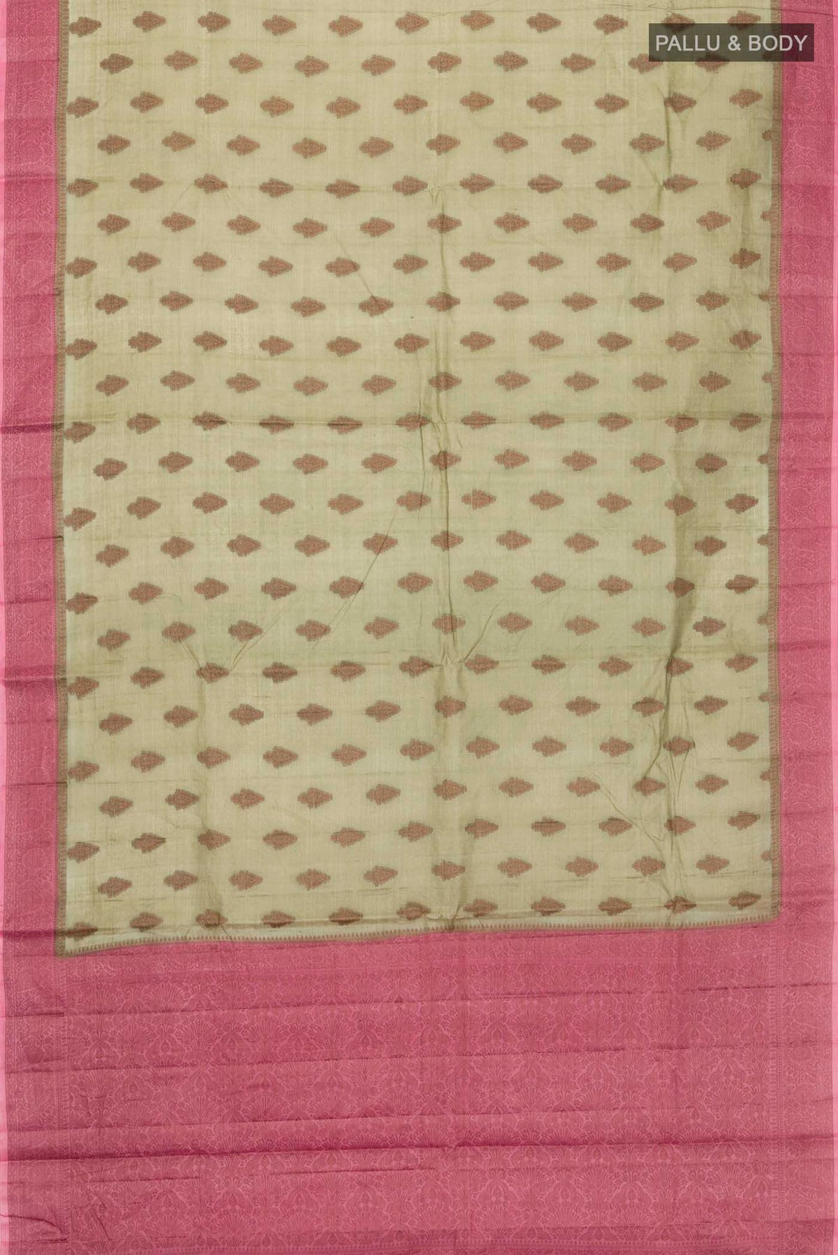 Flat view of Green Tussar Silk Saree with Zari Butta on the body and Thread Border