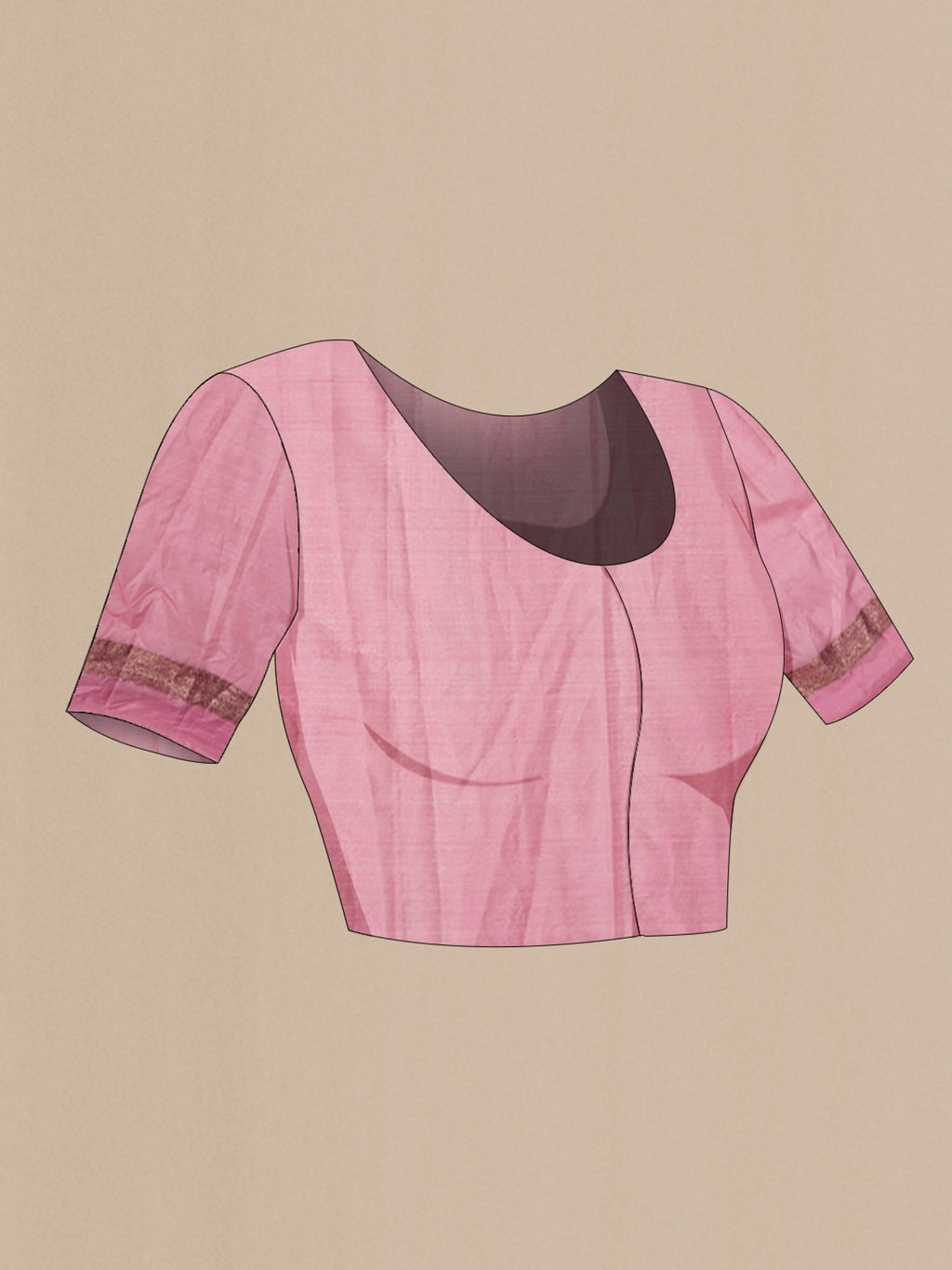Close up image of the blouse of Rose pink Bhagalpuri Tussar Silk Saree with Zari Butta on the body and Zari Border