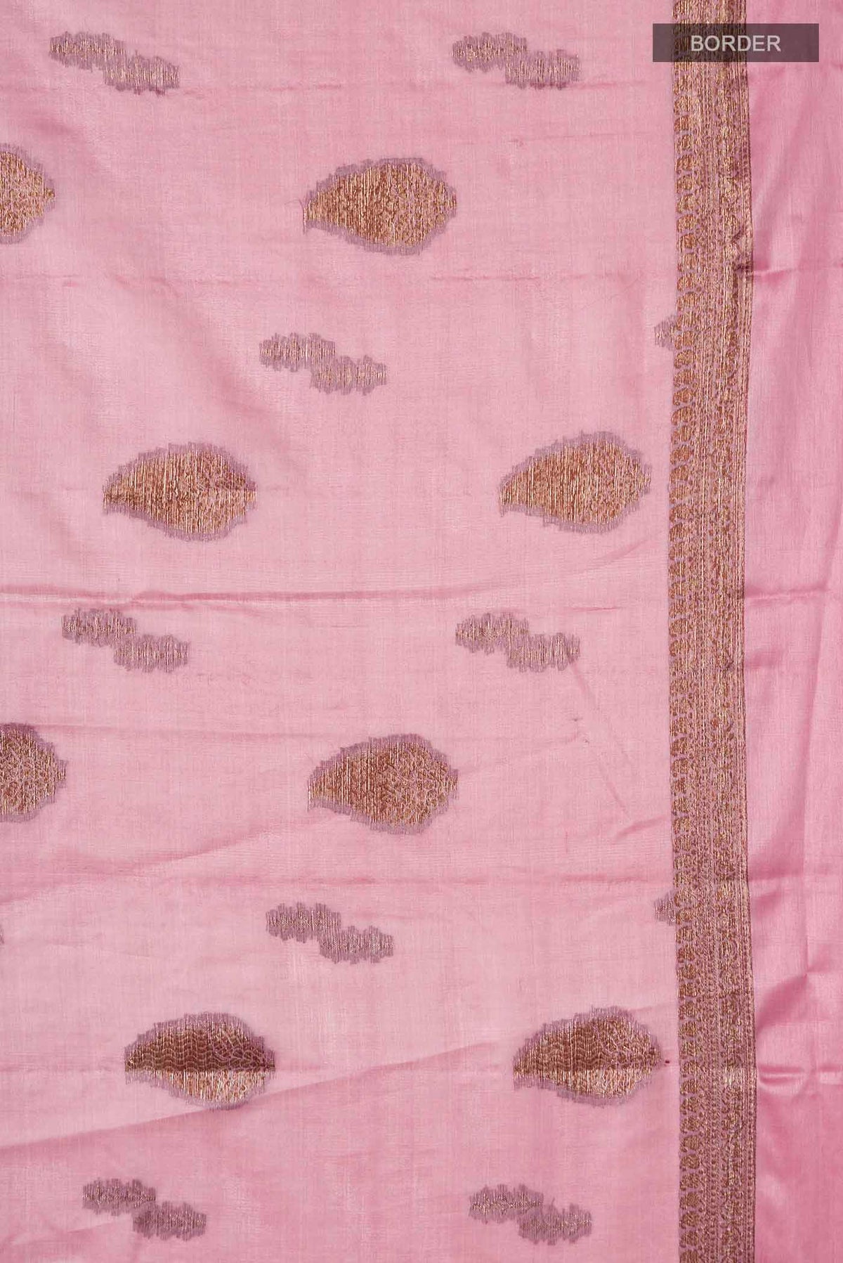 Border image of Rose pink Bhagalpuri Tussar Silk Saree with Zari Butta on the body and Zari Border