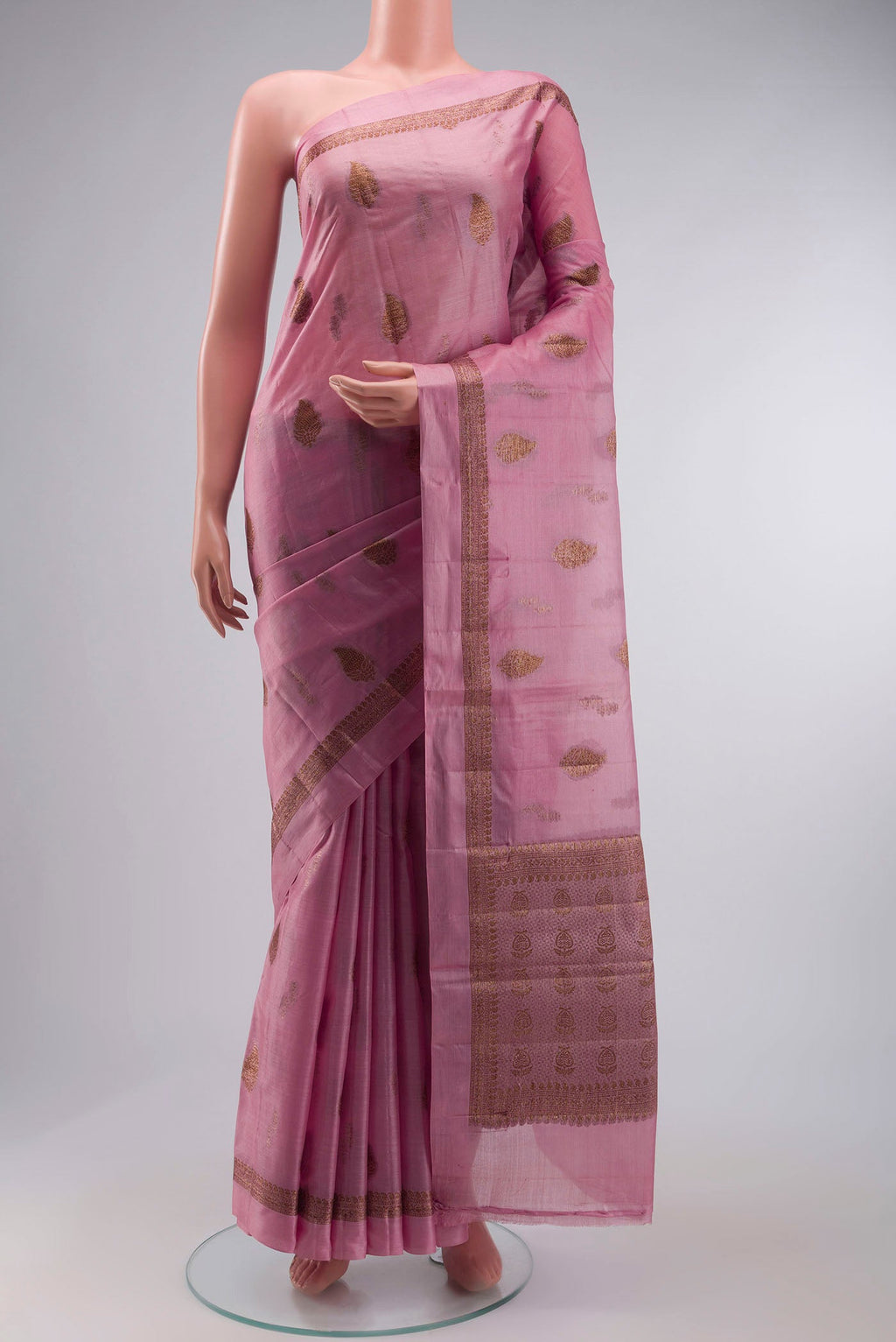 Rose pink Bhagalpuri Tussar Silk Saree with Zari Butta on the body and Zari Border displayed on a mannequin