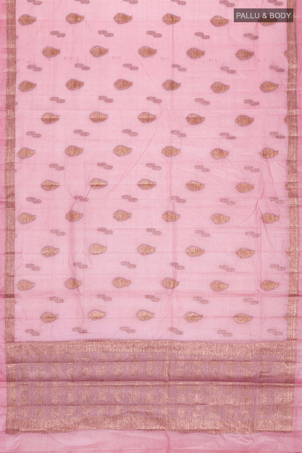 Flat view of Rose pink Bhagalpuri Tussar Silk Saree with Zari Butta on the body and Zari Border