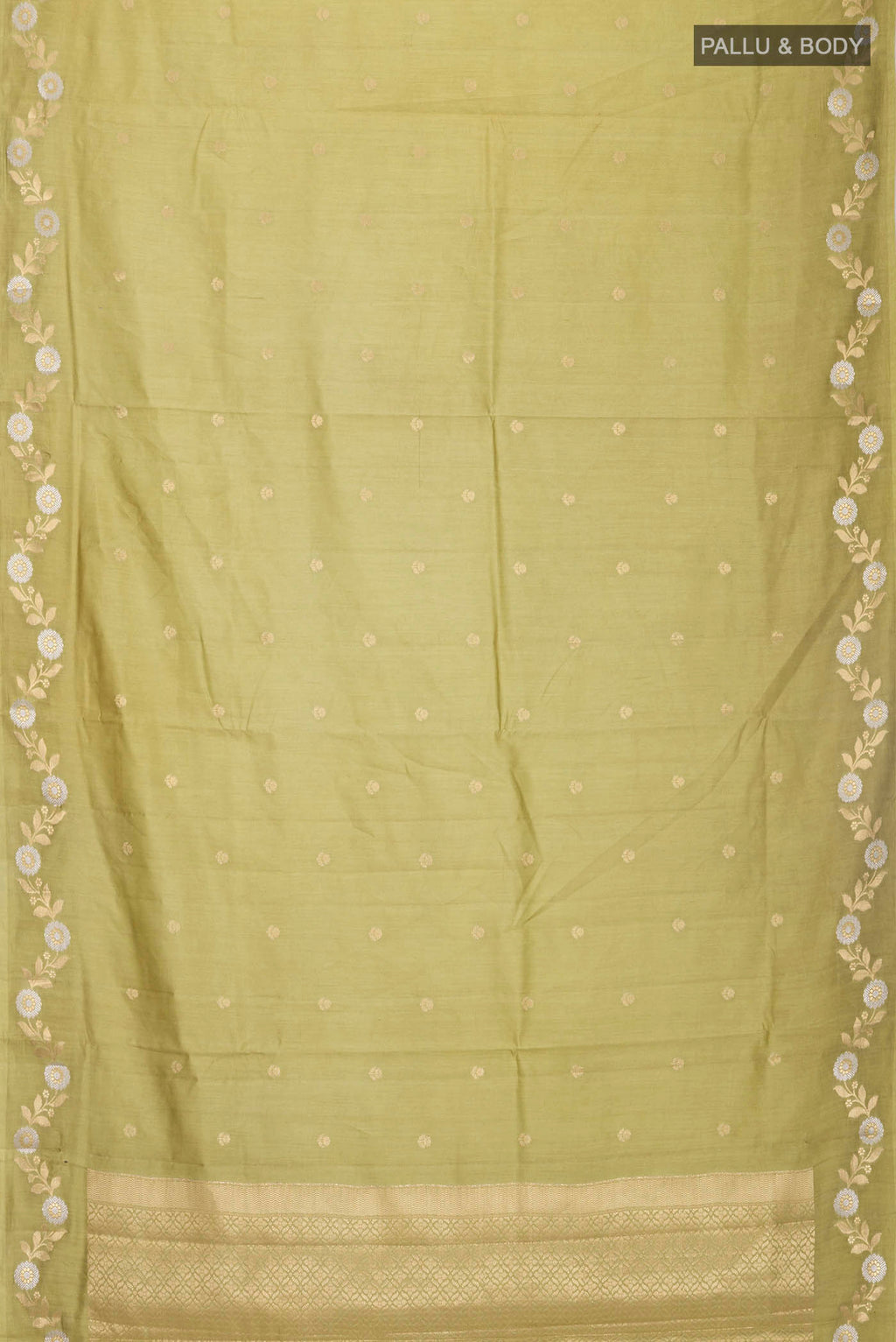 Flat view of Green Banarasi Raw Silk Saree with Zari Butta on the body and Zari Border