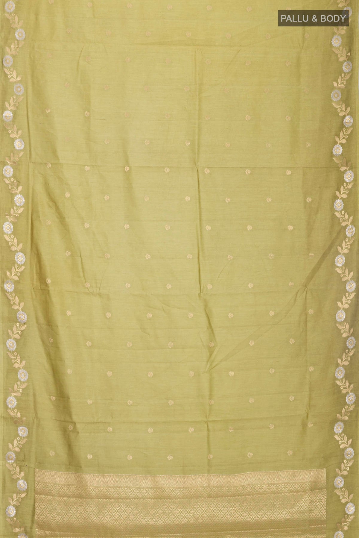 Flat view of Green Banarasi Raw Silk Saree with Zari Butta on the body and Zari Border