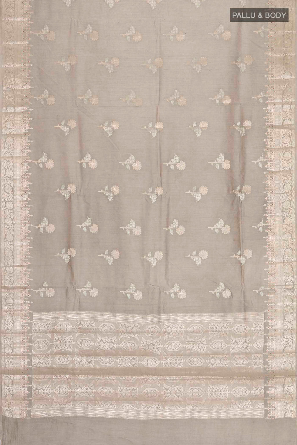 Flat view of Grey Banarasi Raw Silk Saree with Zari Butta on the body and Zari Border