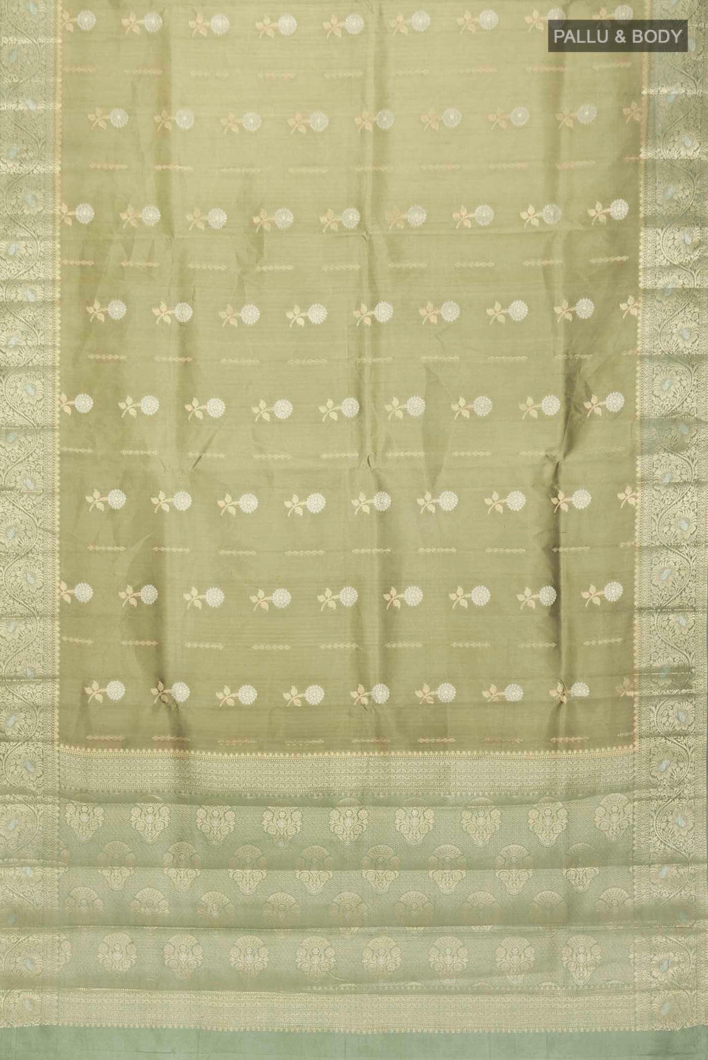 Flat view of Green Banarasi Raw Silk Saree with Zari Butta on the body and Zari Border