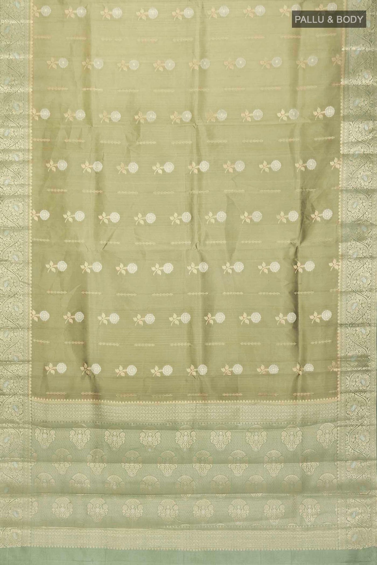 Flat view of Green Banarasi Raw Silk Saree with Zari Butta on the body and Zari Border