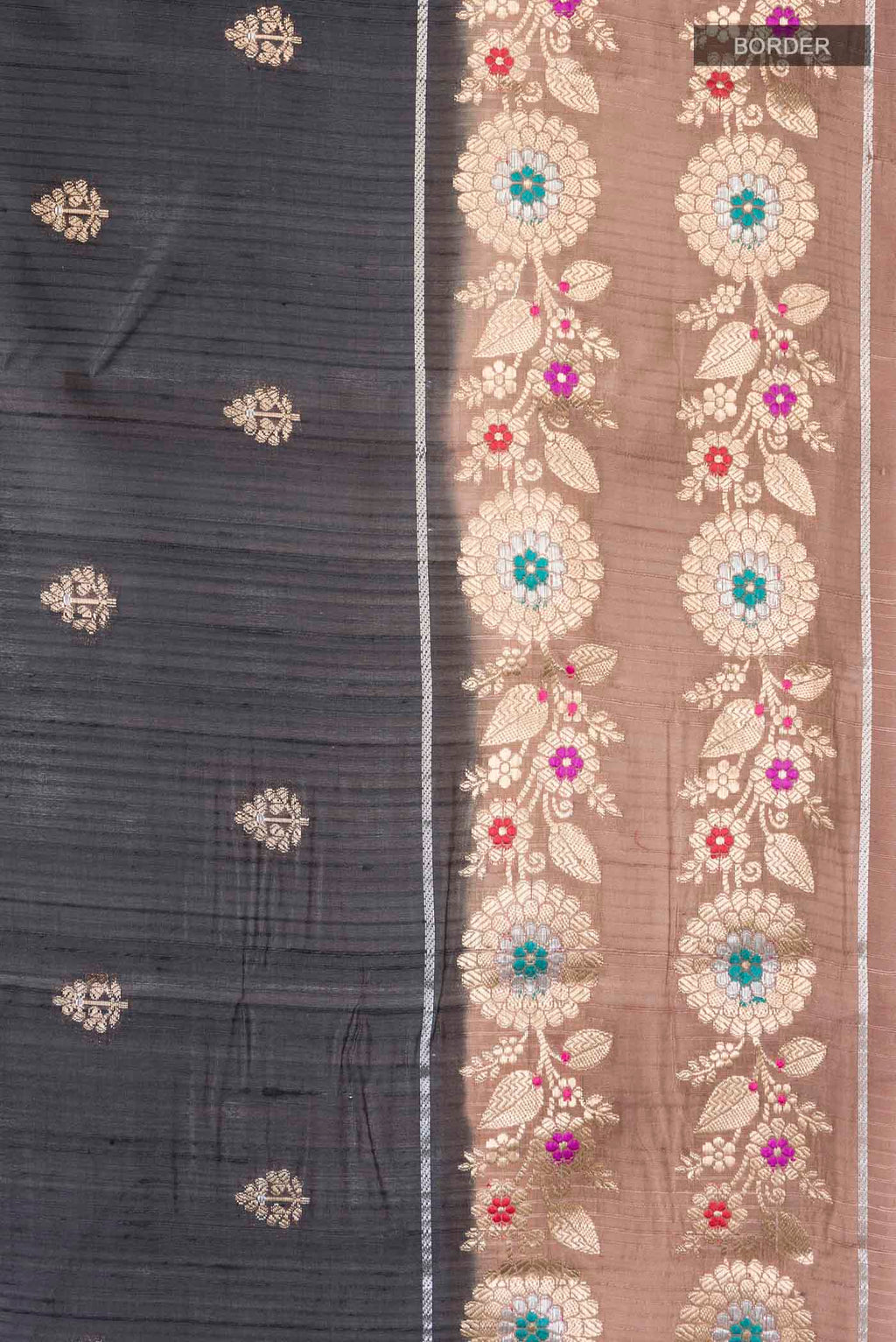 Border image of Grey Banarasi Raw Silk Saree with Zari Butta on the body and Zari Border
