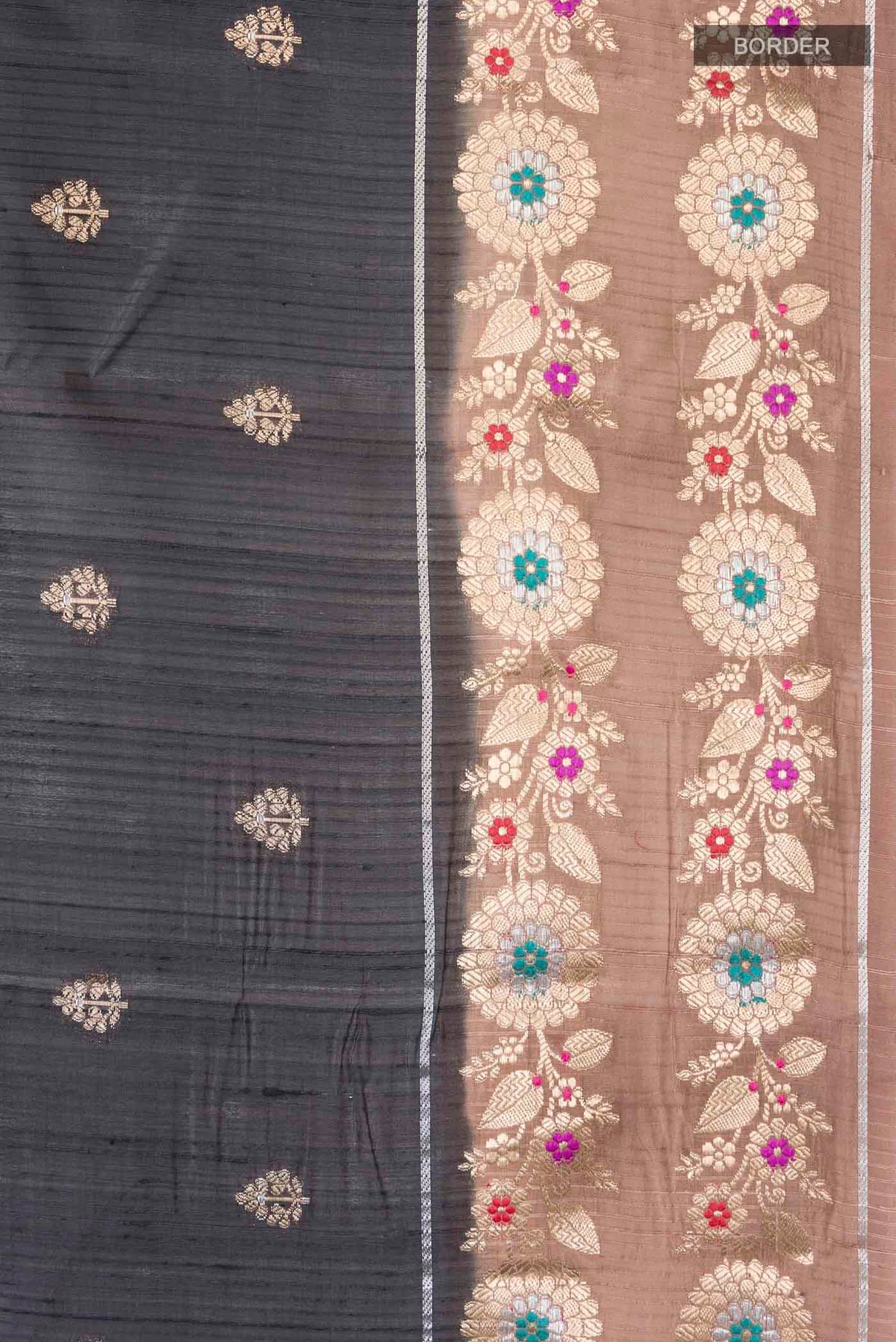 Border image of Grey Banarasi Raw Silk Saree with Zari Butta on the body and Zari Border