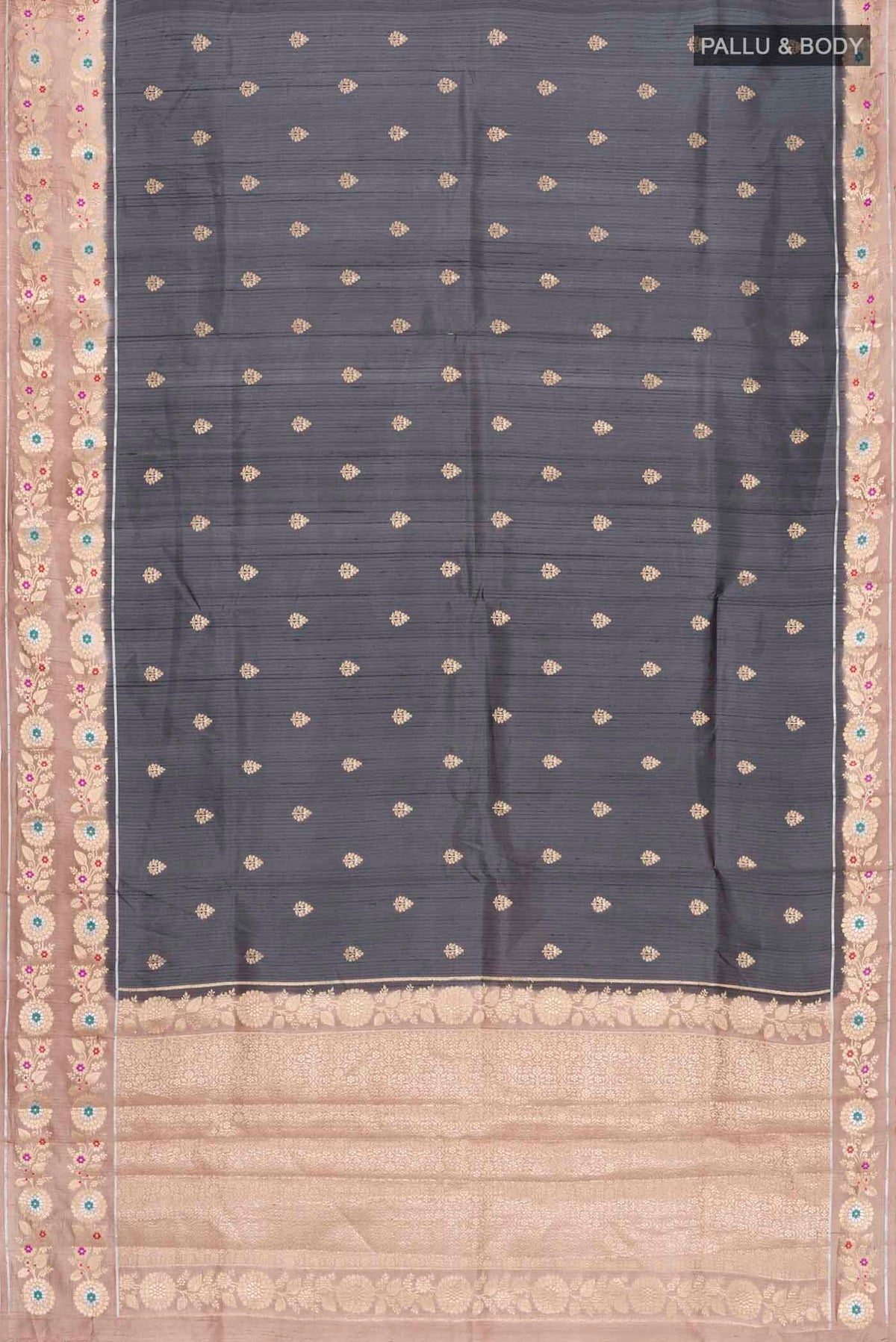 Flat view of Grey Banarasi Raw Silk Saree with Zari Butta on the body and Zari Border