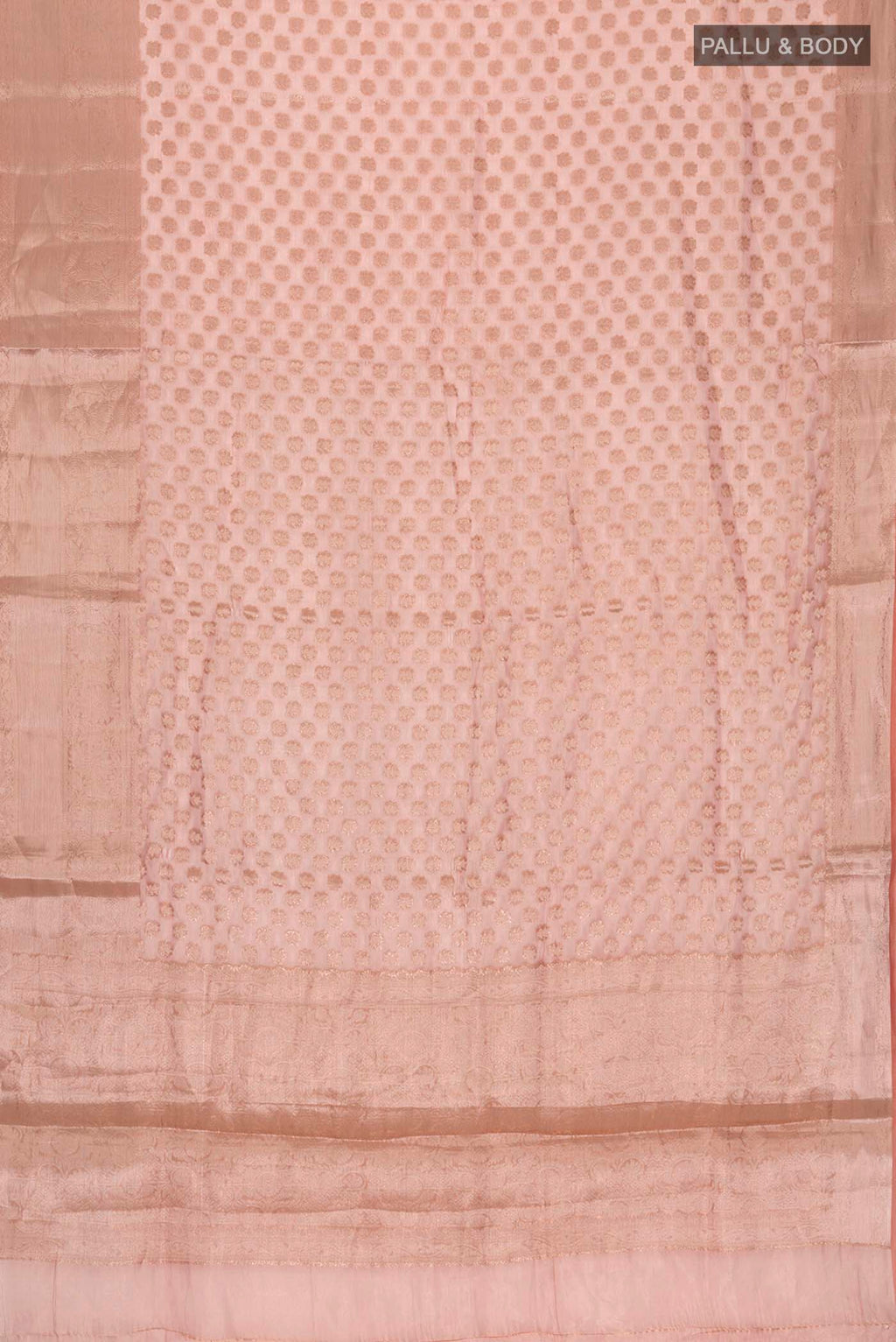 Flat view of Orange Banarasi Tissue Silk Saree with Zari Butta on the body and Zari Border