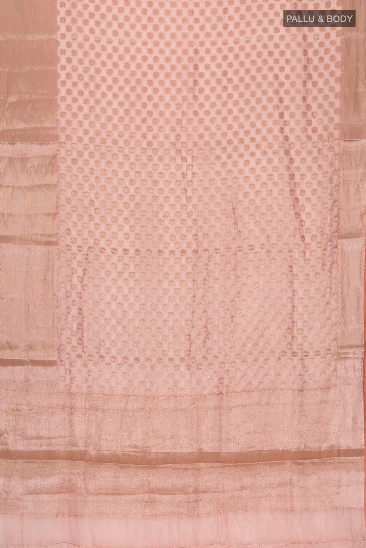 Flat view of Orange Banarasi Tissue Silk Saree with Zari Butta on the body and Zari Border