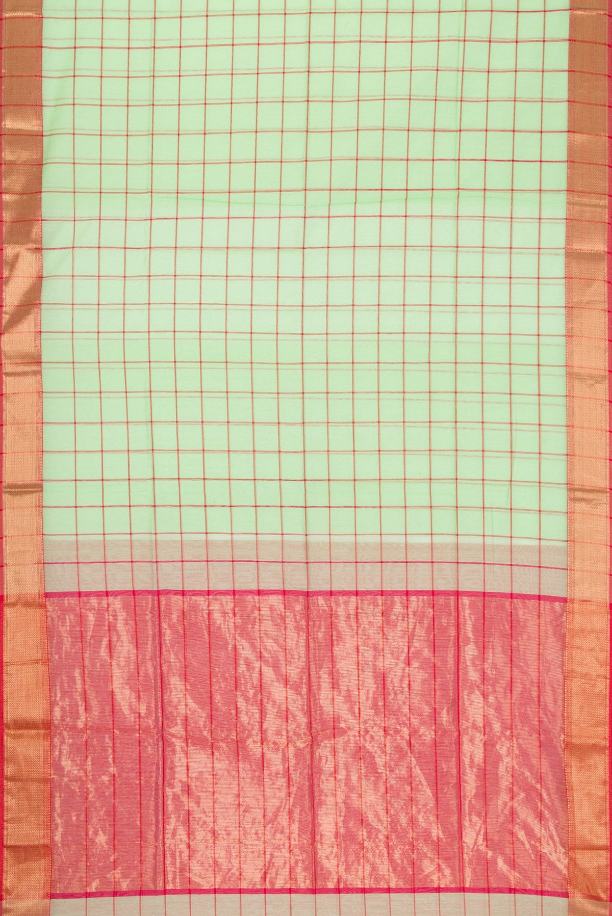 Flat view of Pista Green Dual Tone Maheshwari Silk Saree with Checked design on the body and Zari Border. 