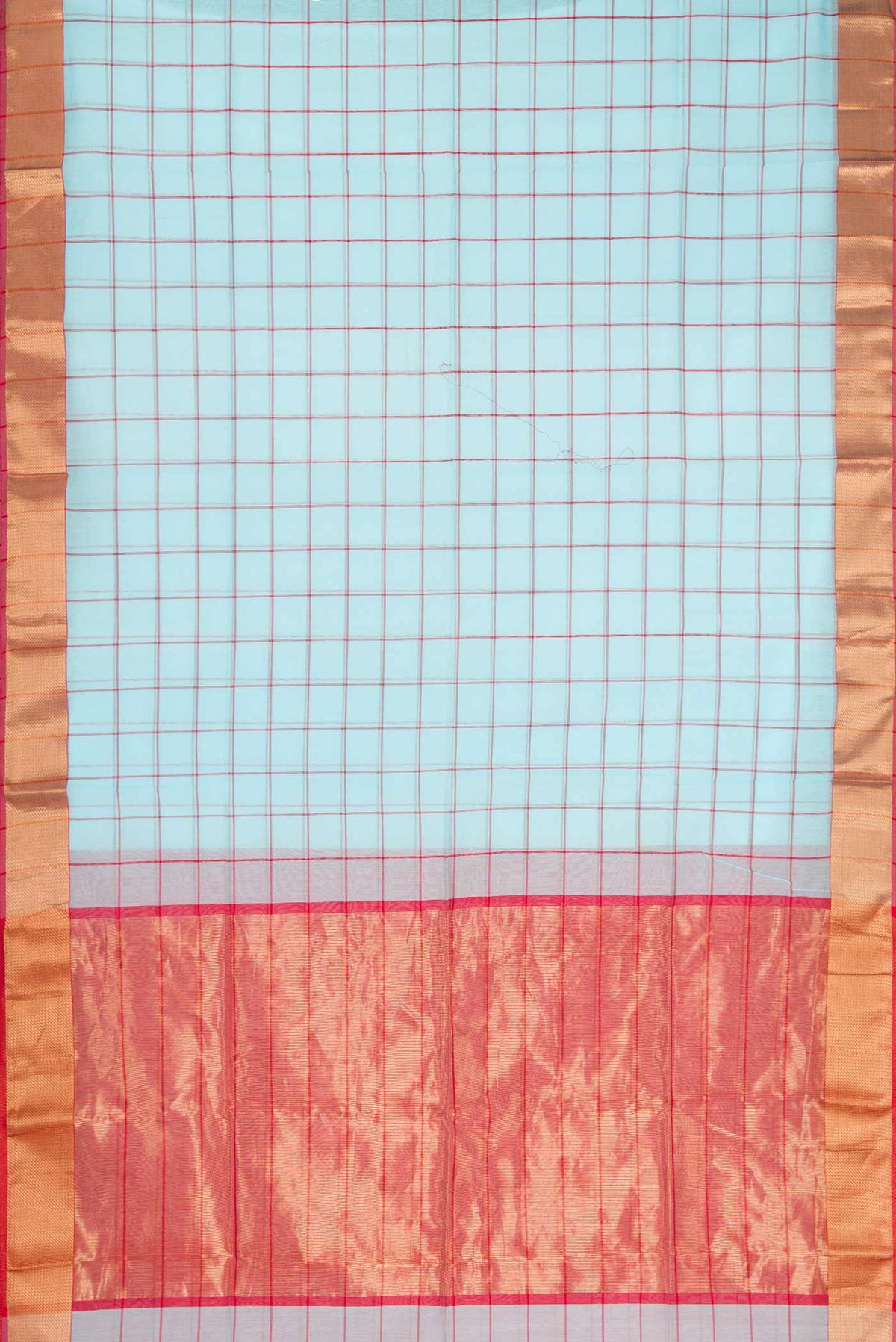 Flat view of Sky Blue Dual Tone Maheshwari Silk Saree with Checked design on the body and Zari Border