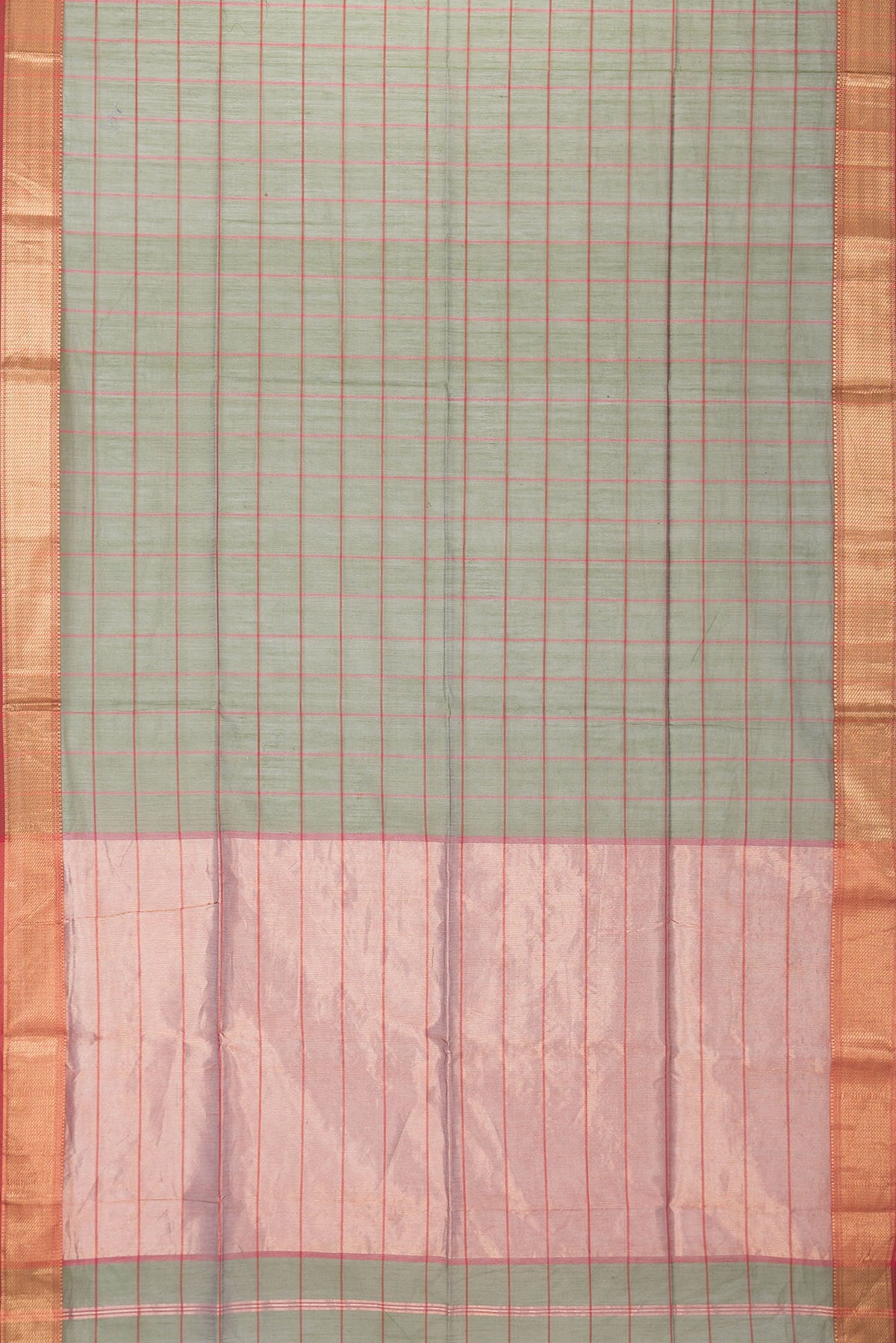 Flat view of Green Dual Tone Maheshwari Silk Saree with Checked design on the body and Zari Border. 